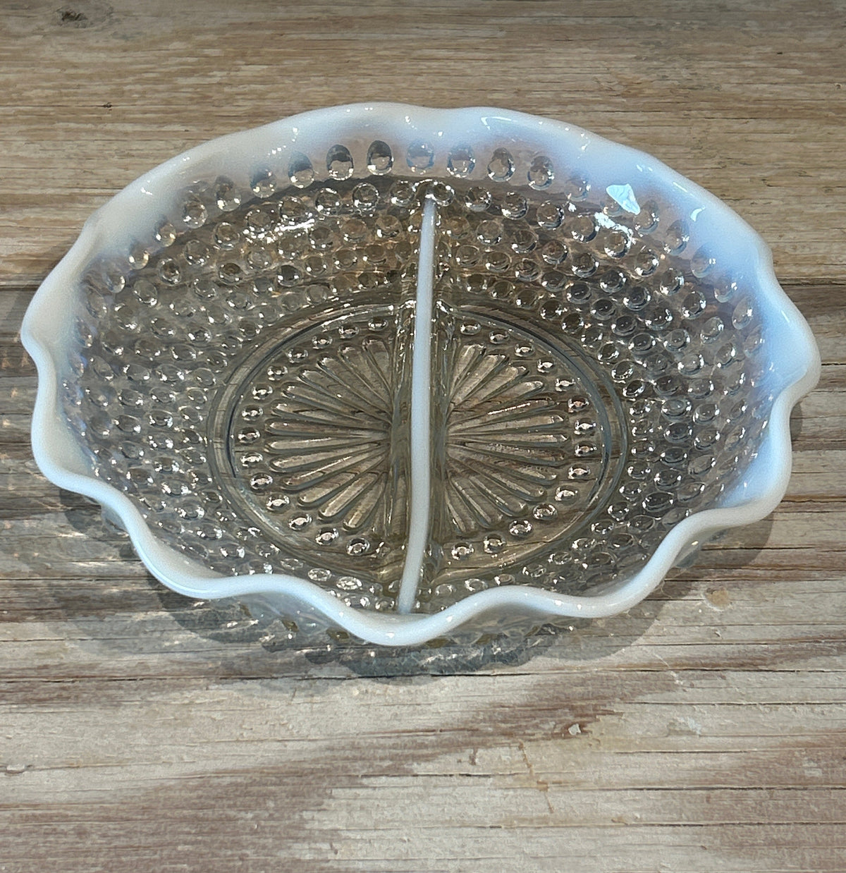 Vintage Fenton Moonstone glass hobnail dish