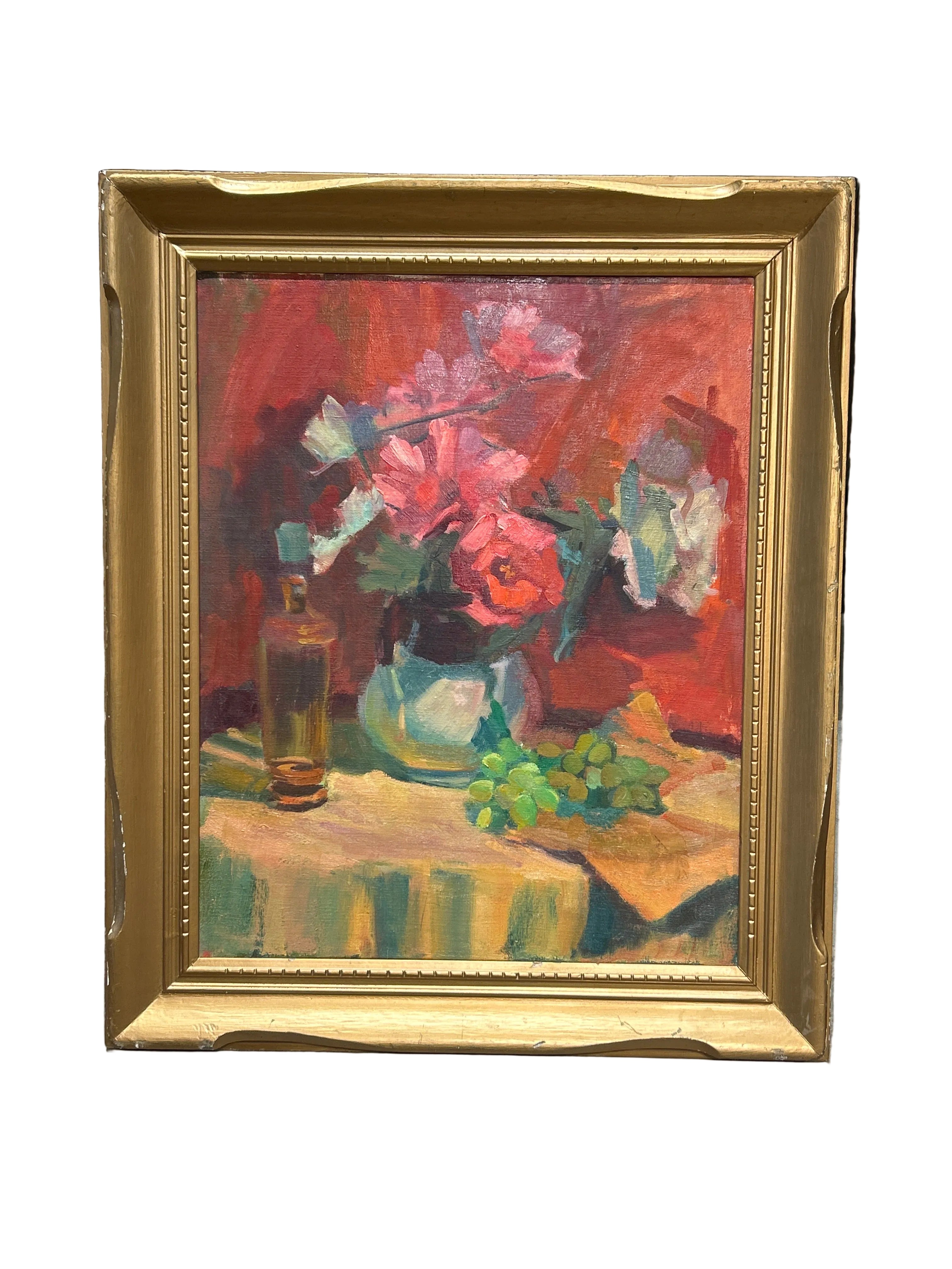 Vintage large pink & red floral still life with grapes and vase