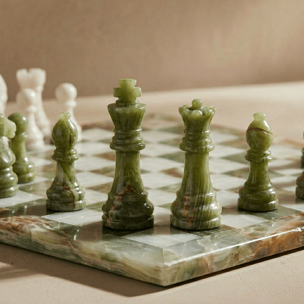Marble Chess Set with Storage Case - Green Onyx and White: 13 inch