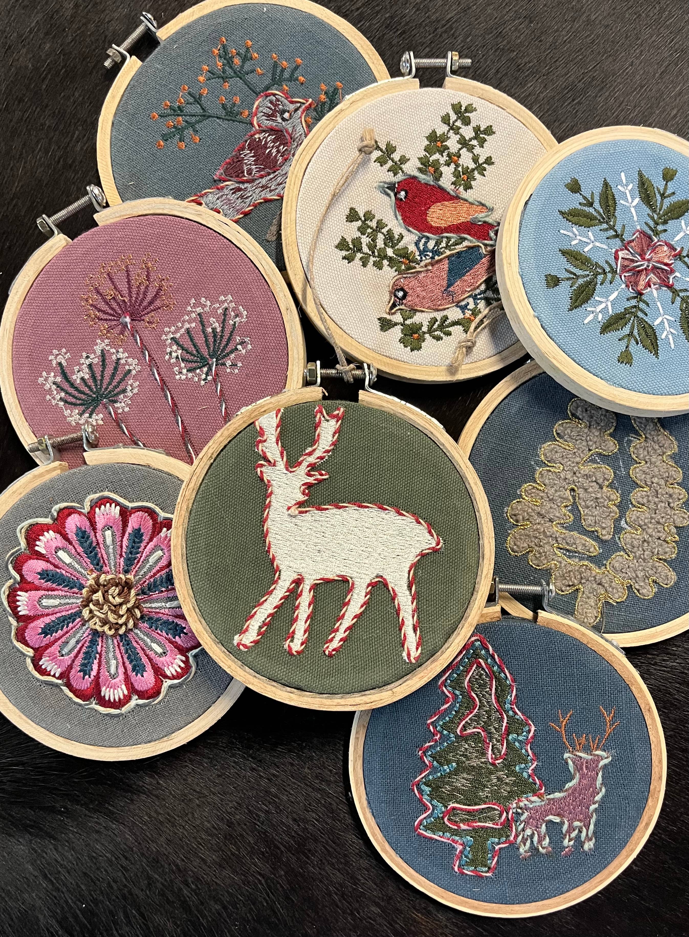 Handmade Embroidered Ornament: Wildflowers on navy linen