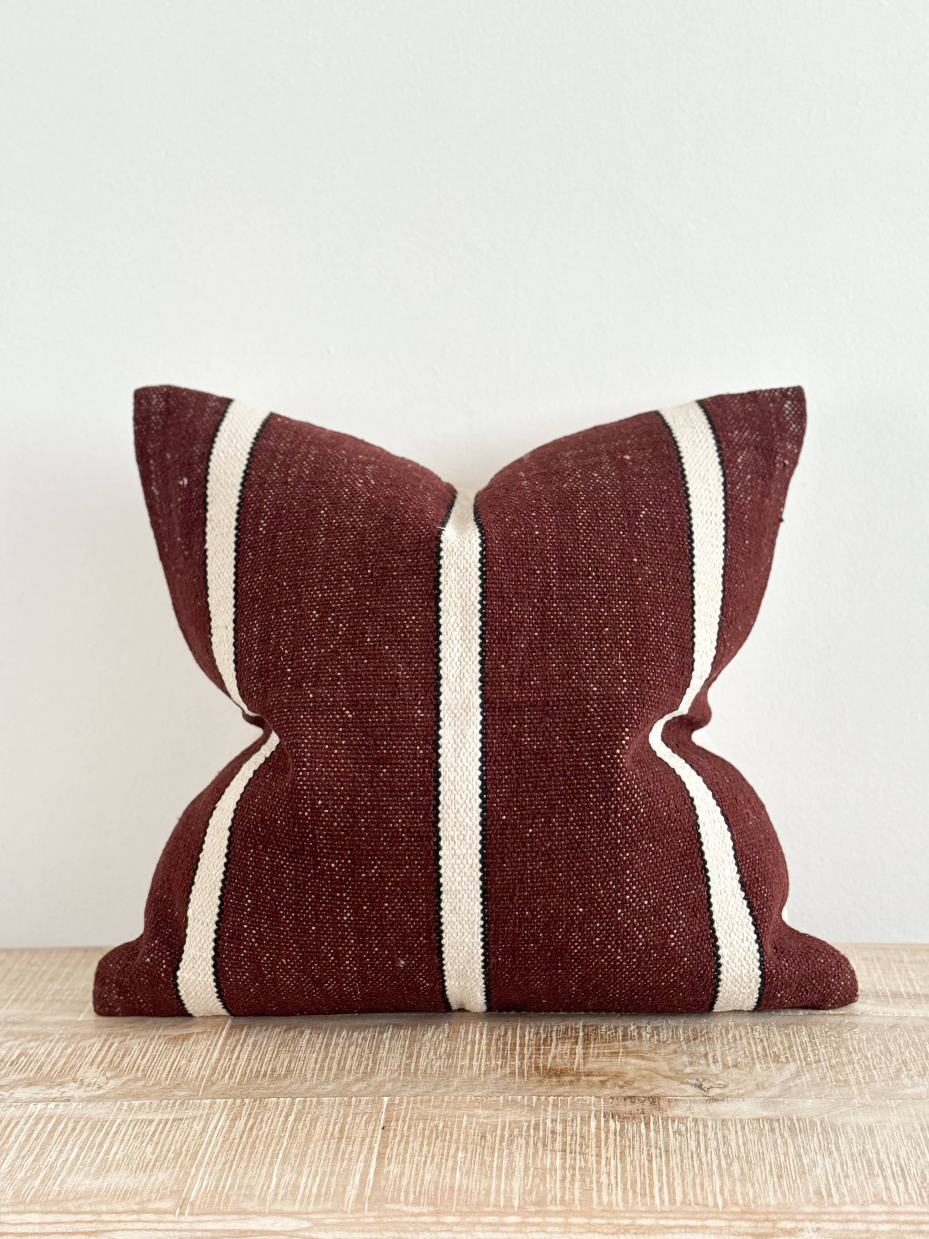 India Luxe Cotton Pillow 18 x 18 in - Plum, Black & Cream Stripe