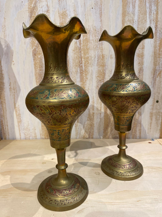 Pair of Holiday Etched Brass Vase