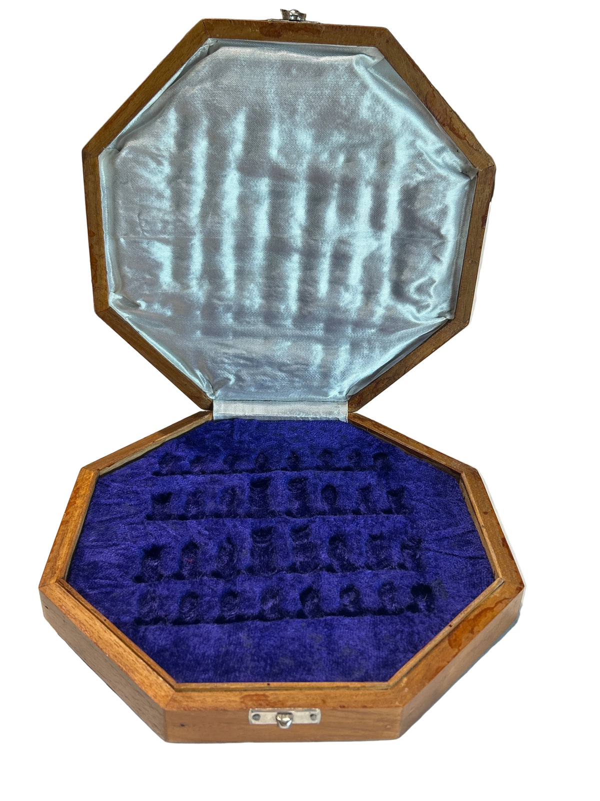 Vintage octagonal wood and stone inlaid chess set