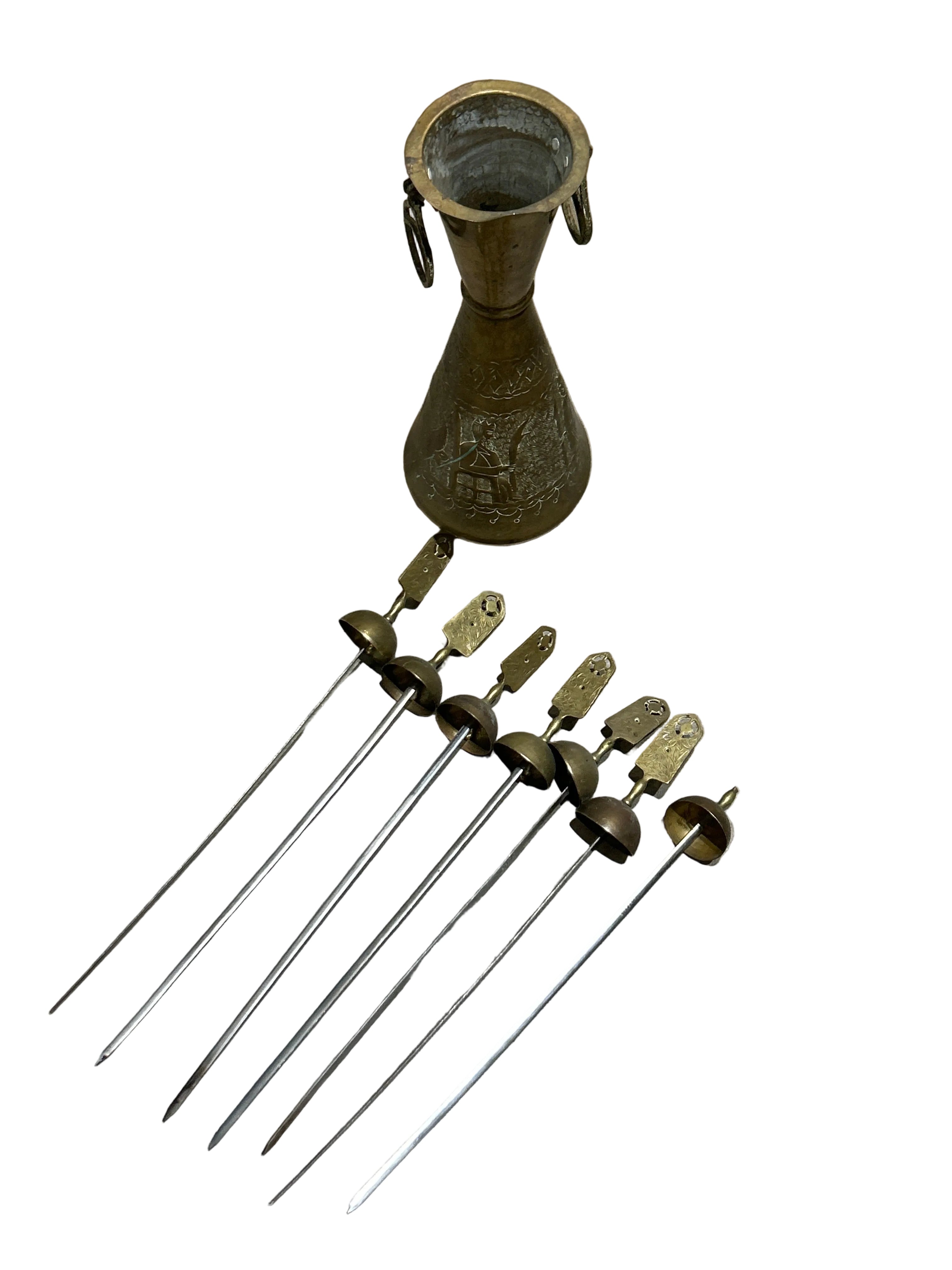 Vintage Turkish brass Shish Kebab skewers with vase