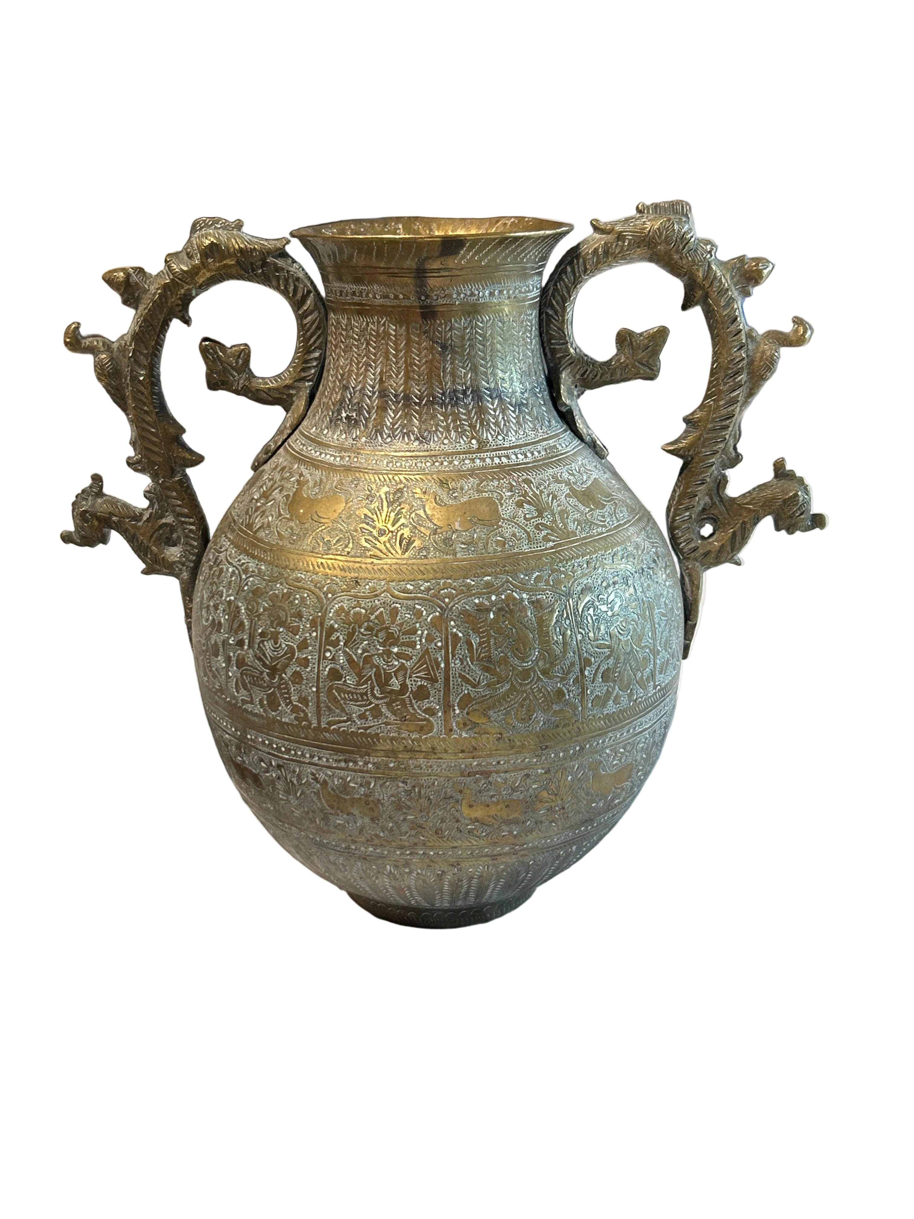 Vintage brass etched vase with dragon handles