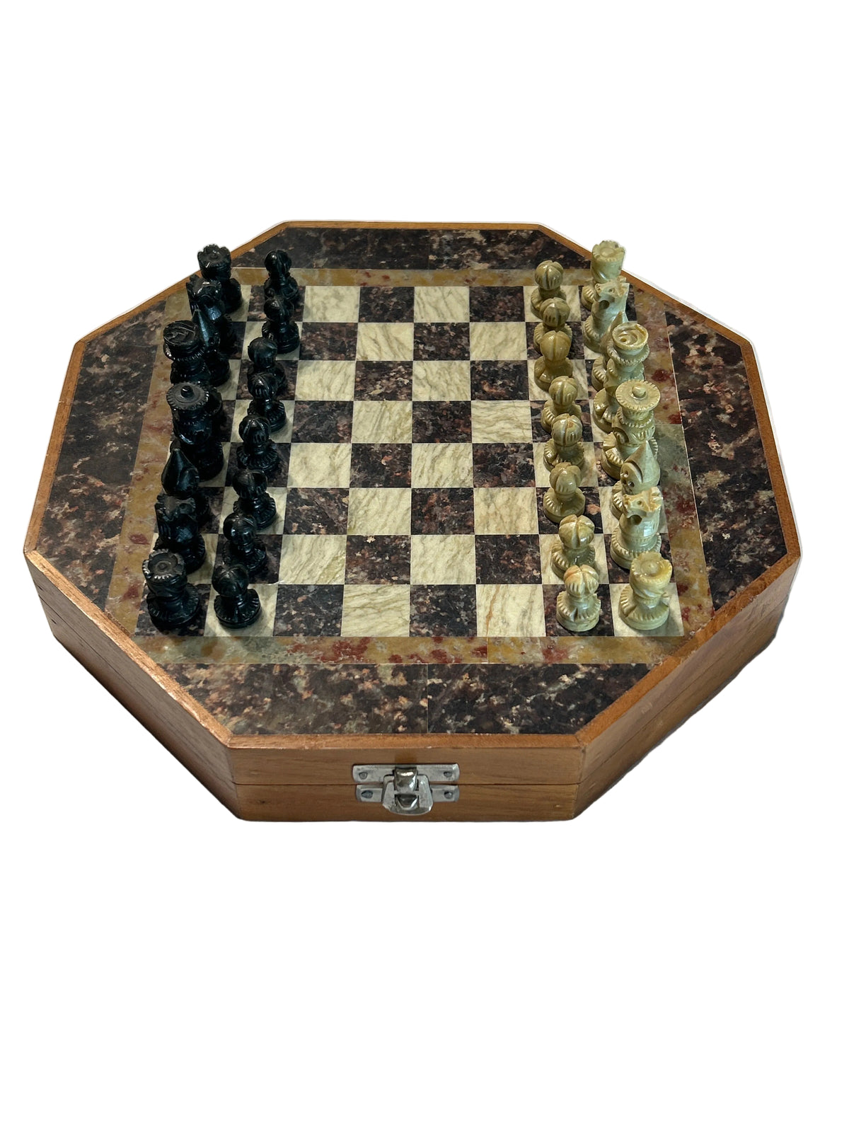 Vintage octagonal wood and stone inlaid chess set