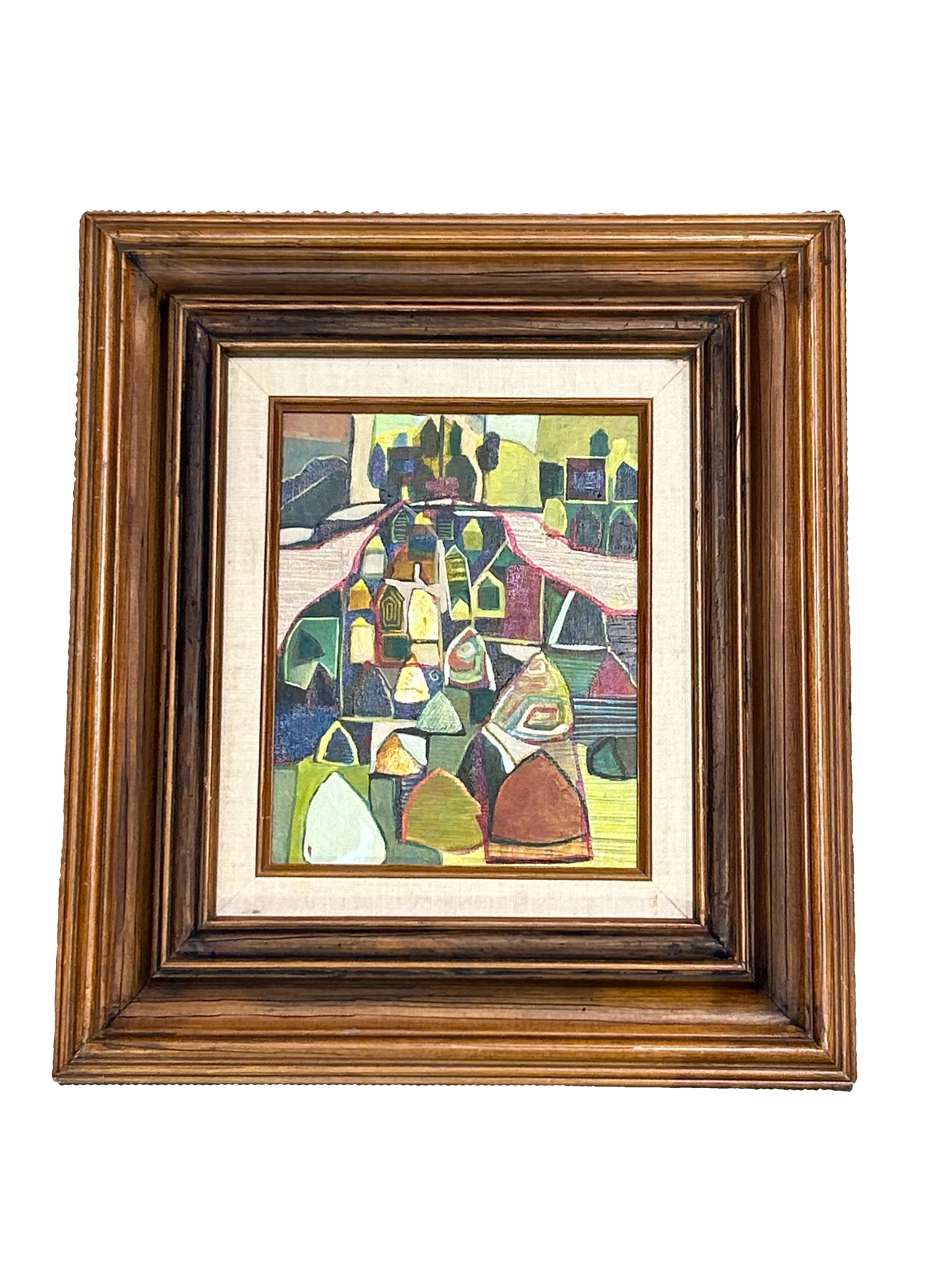 Vintage geometric landscape painting in wood frame