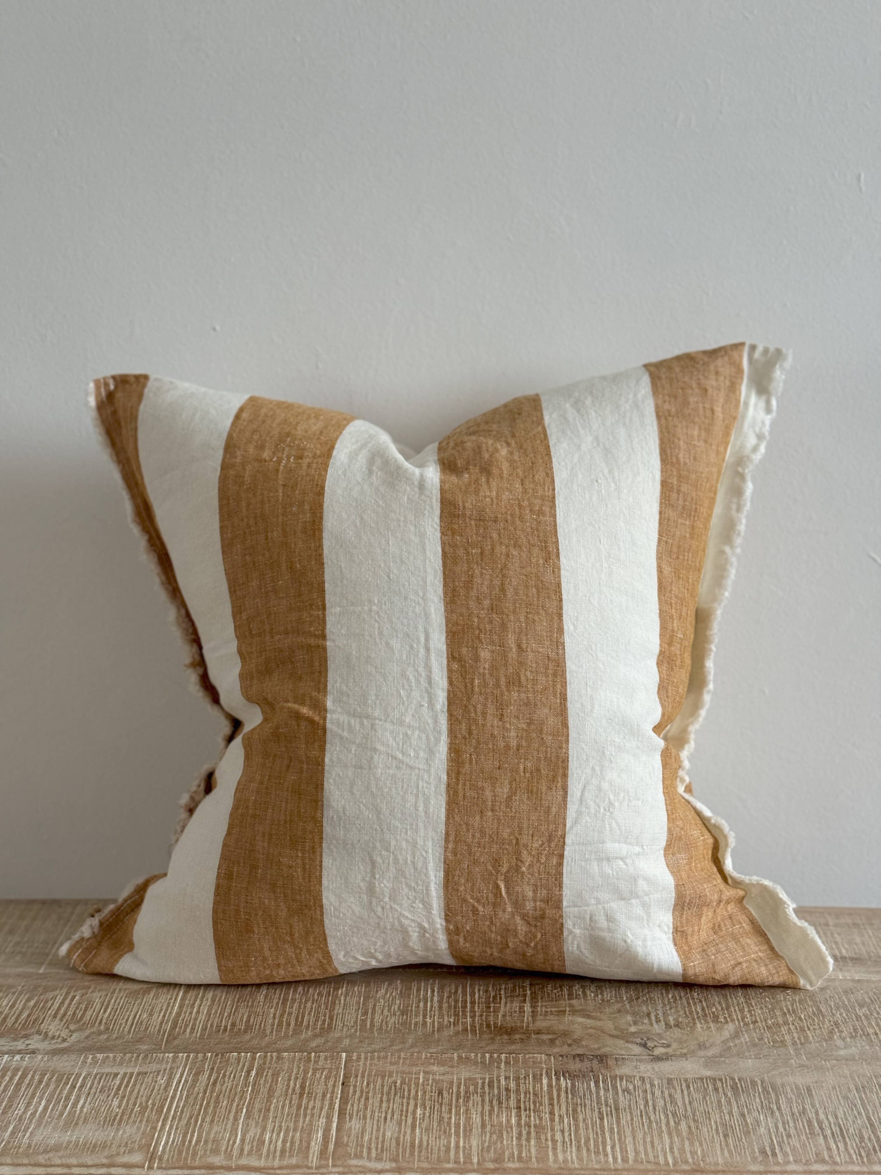 Esmee Fringed Linen Pillow 18 x 18 in – Mustard Stripe