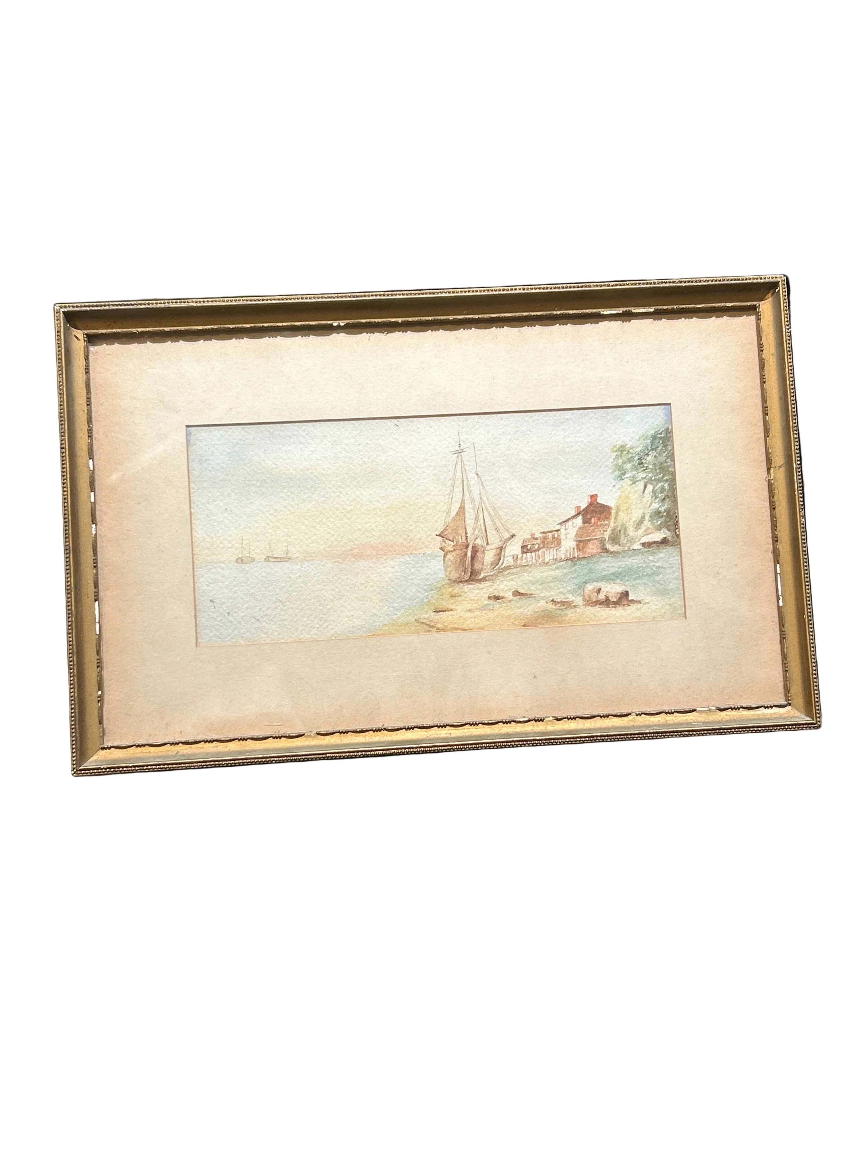 Vintage seascape watercolor painting in gilt frame