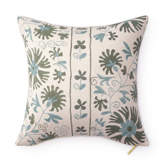 Sage Ribbon Suzani Pillow: 20" W x 20" H