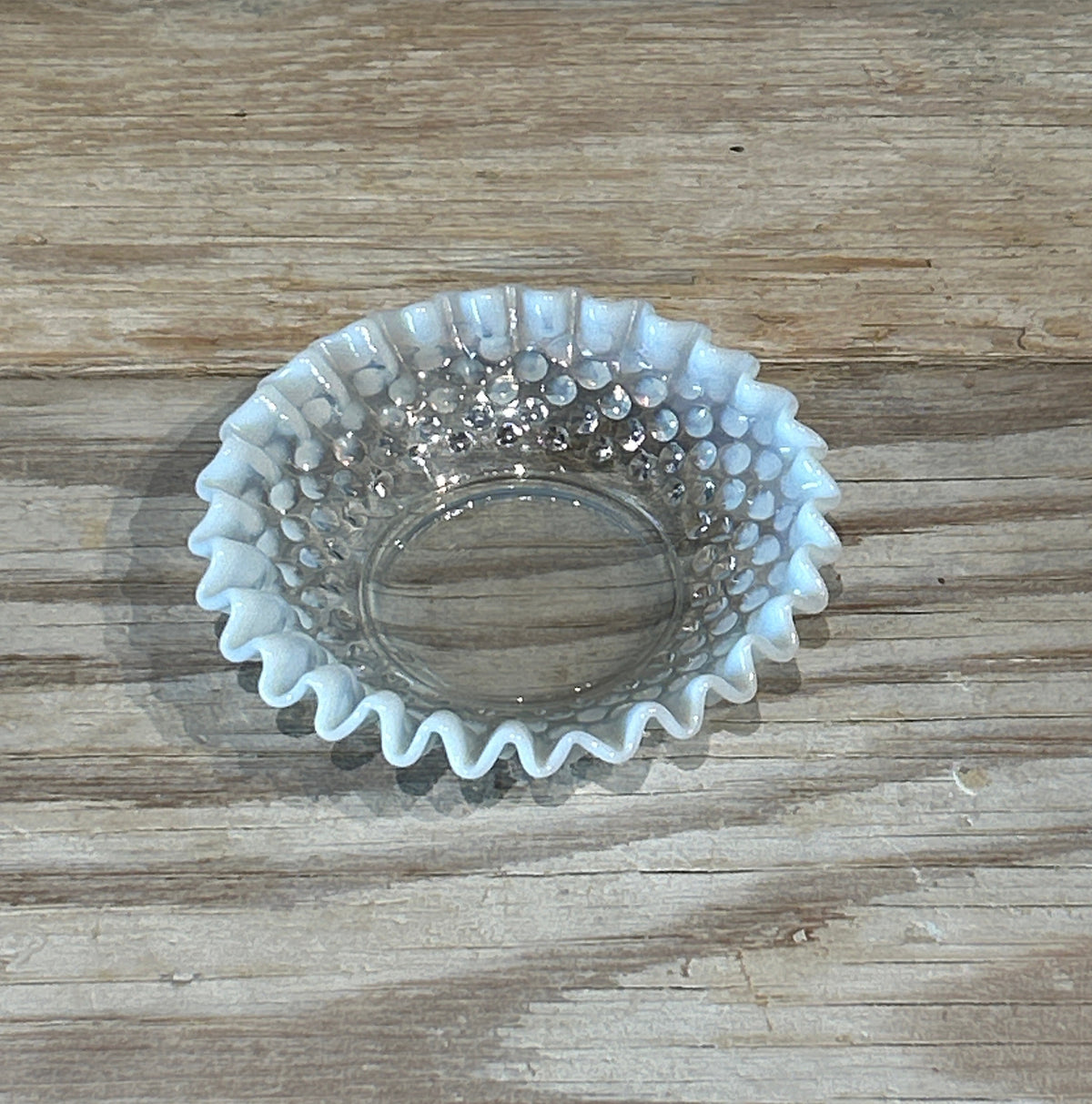 Vintage Fenton Moonstone glass hobnail candy dish