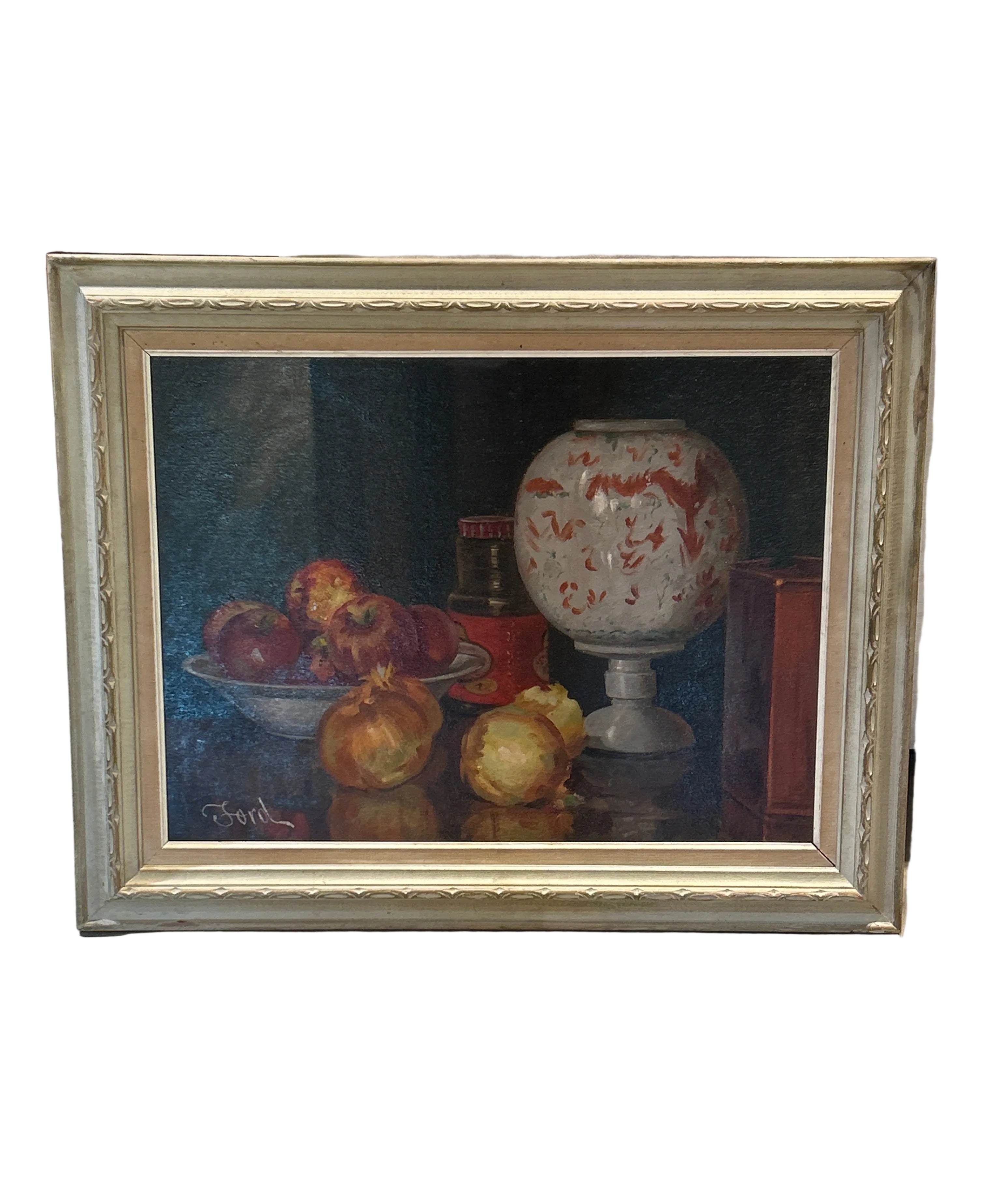 Vintage oil still life with fruit and white vase