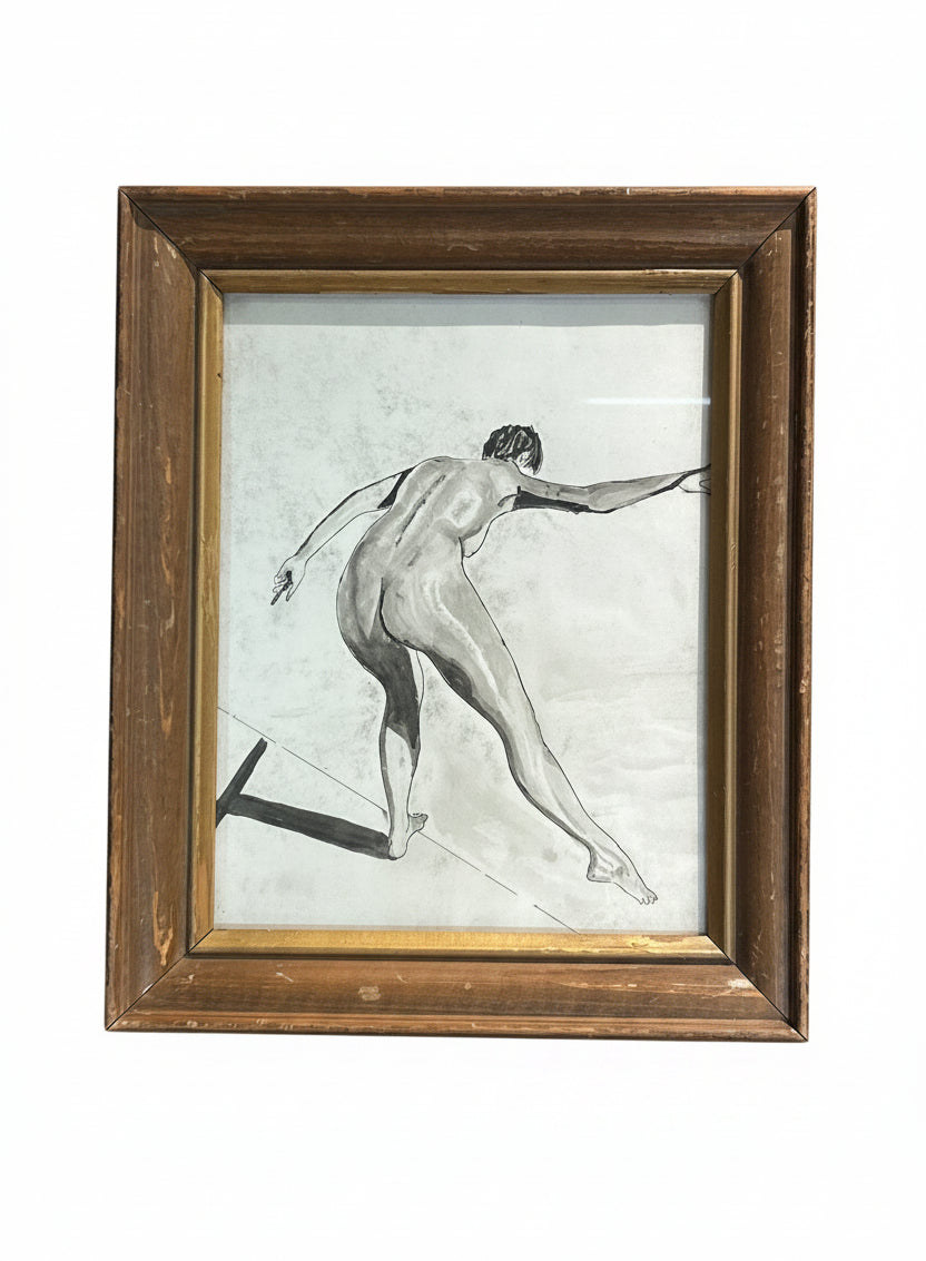 Vintage charcoal bent nude female figure