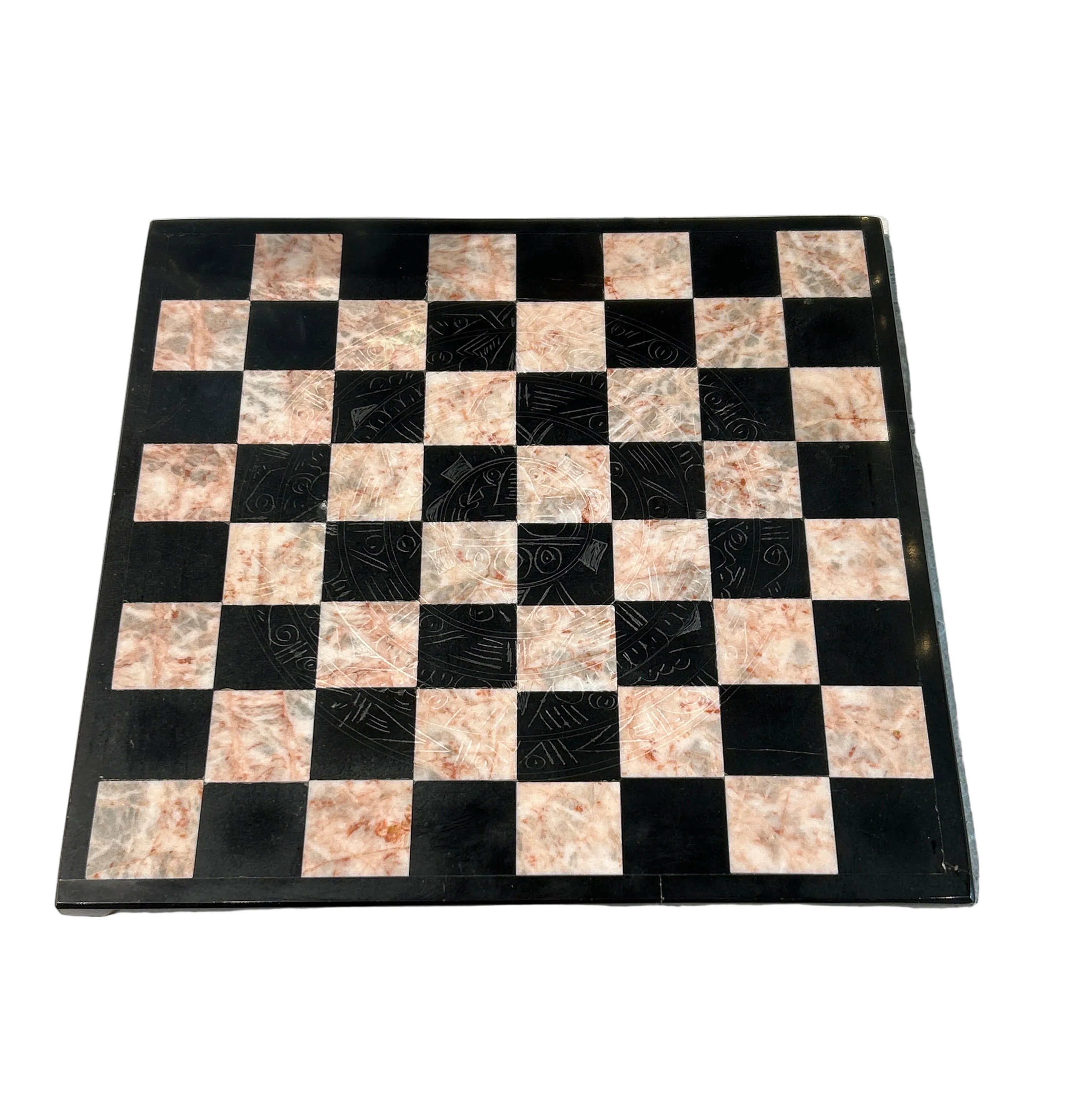 Vintage etched pink and black marble chess set