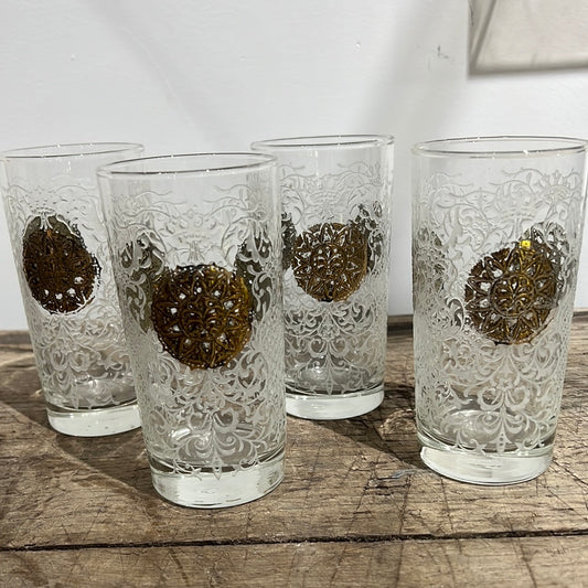 Set of 4 Vintage gold medallion glasses