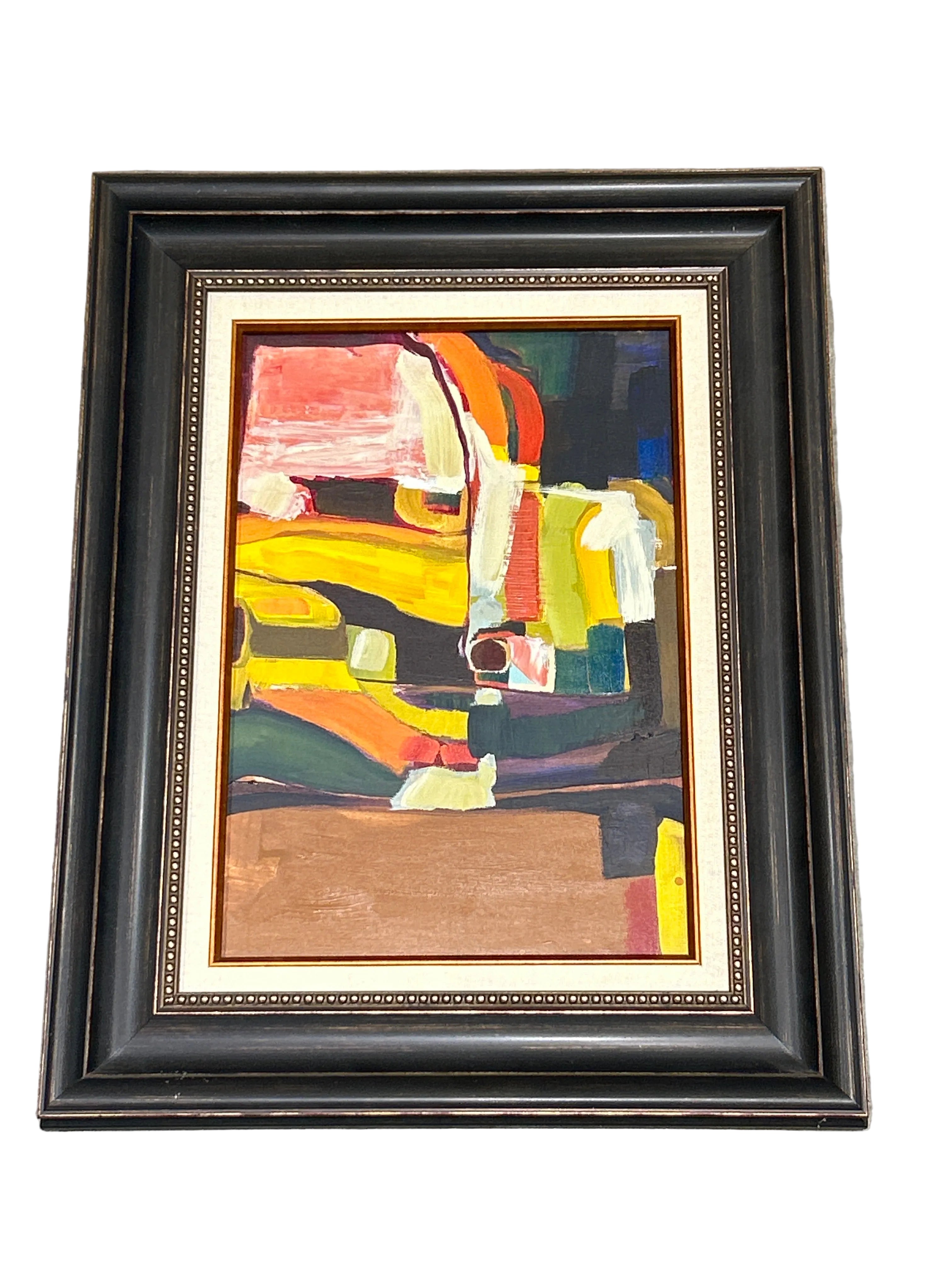 Vintage geometric painting in beaded dark wood frame
