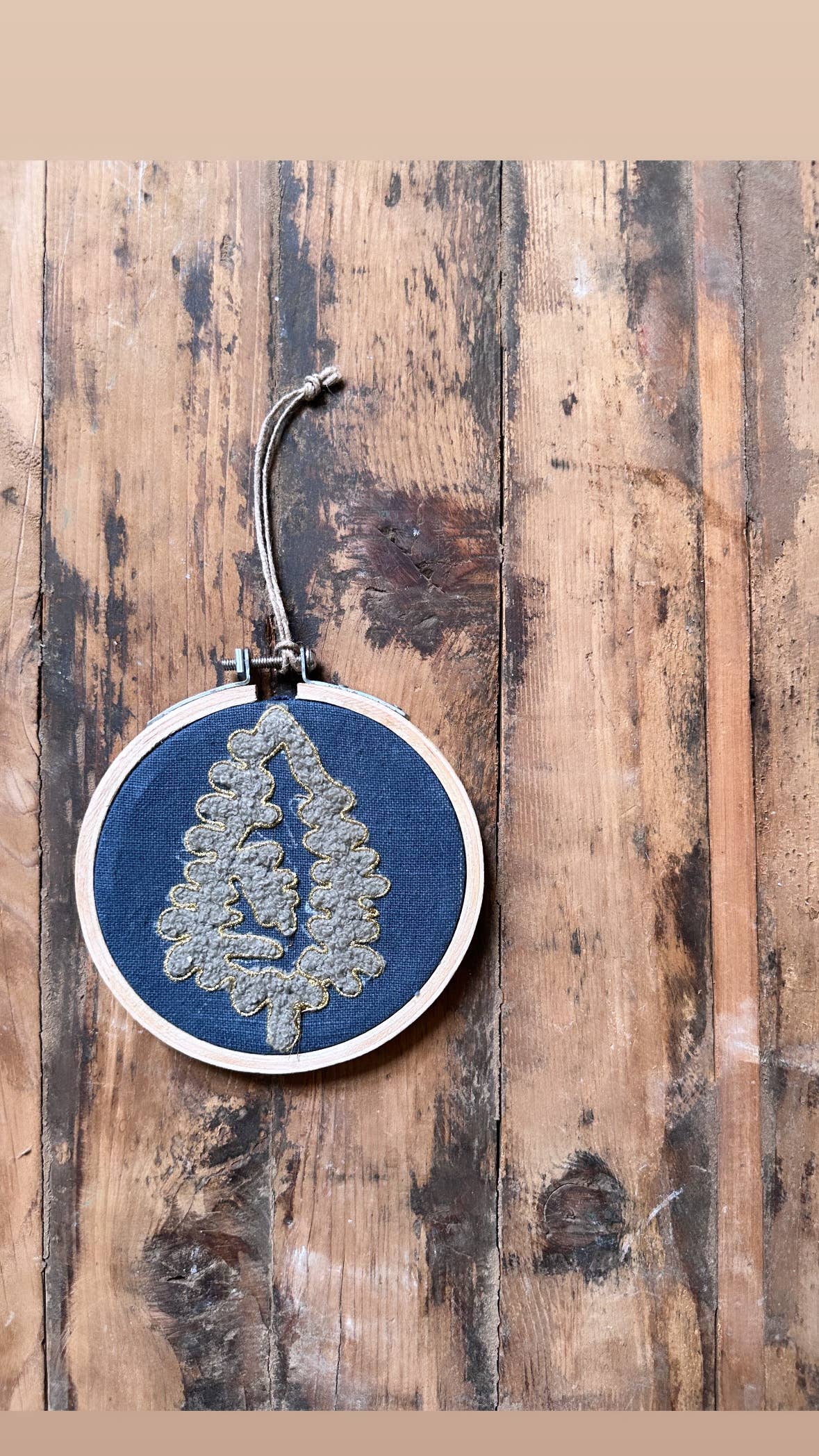 Handmade Embroidered Ornament: Tree & Reindeer on navy linen