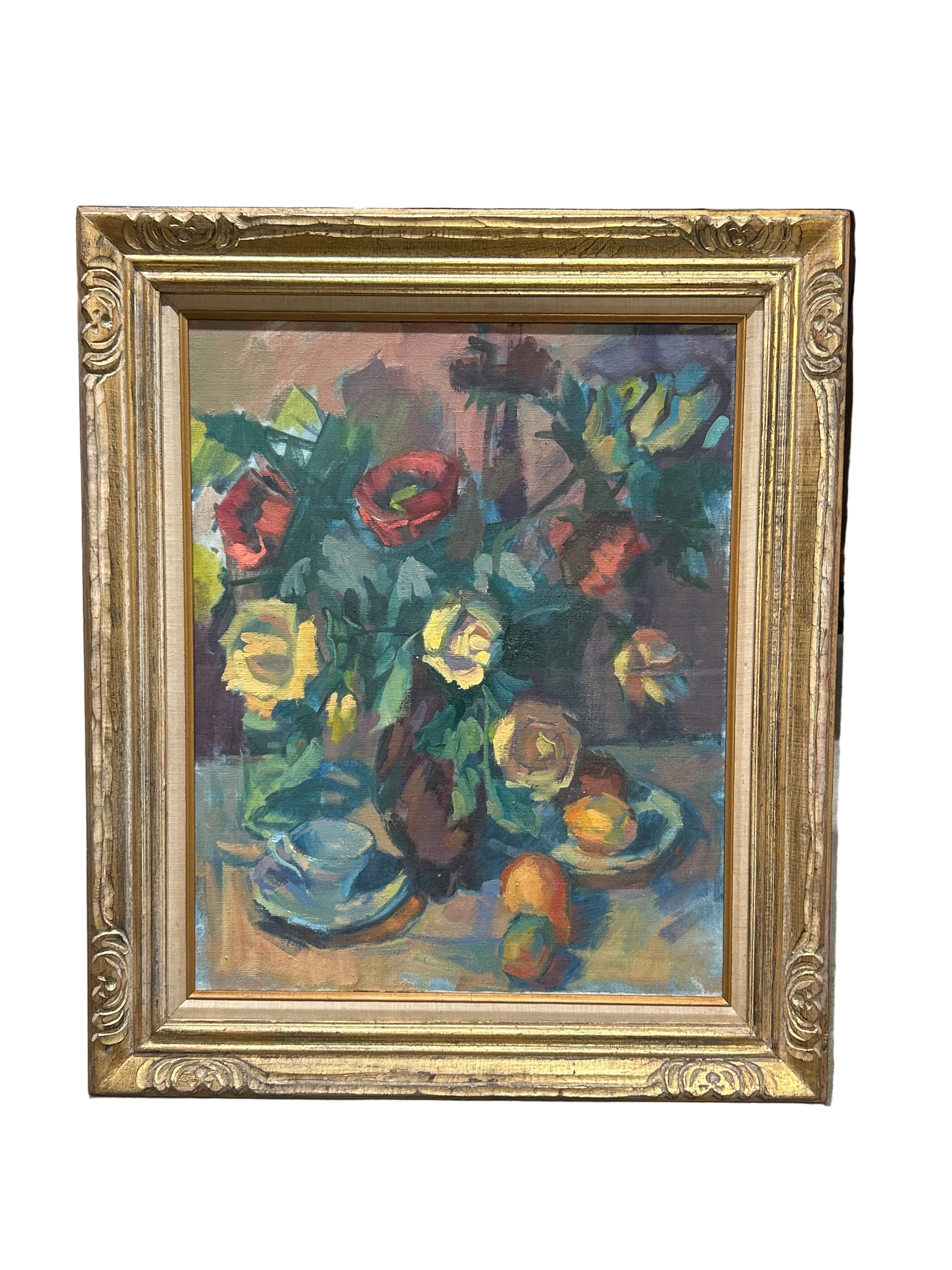 Vintage large floral oil still life with fruit and teacup