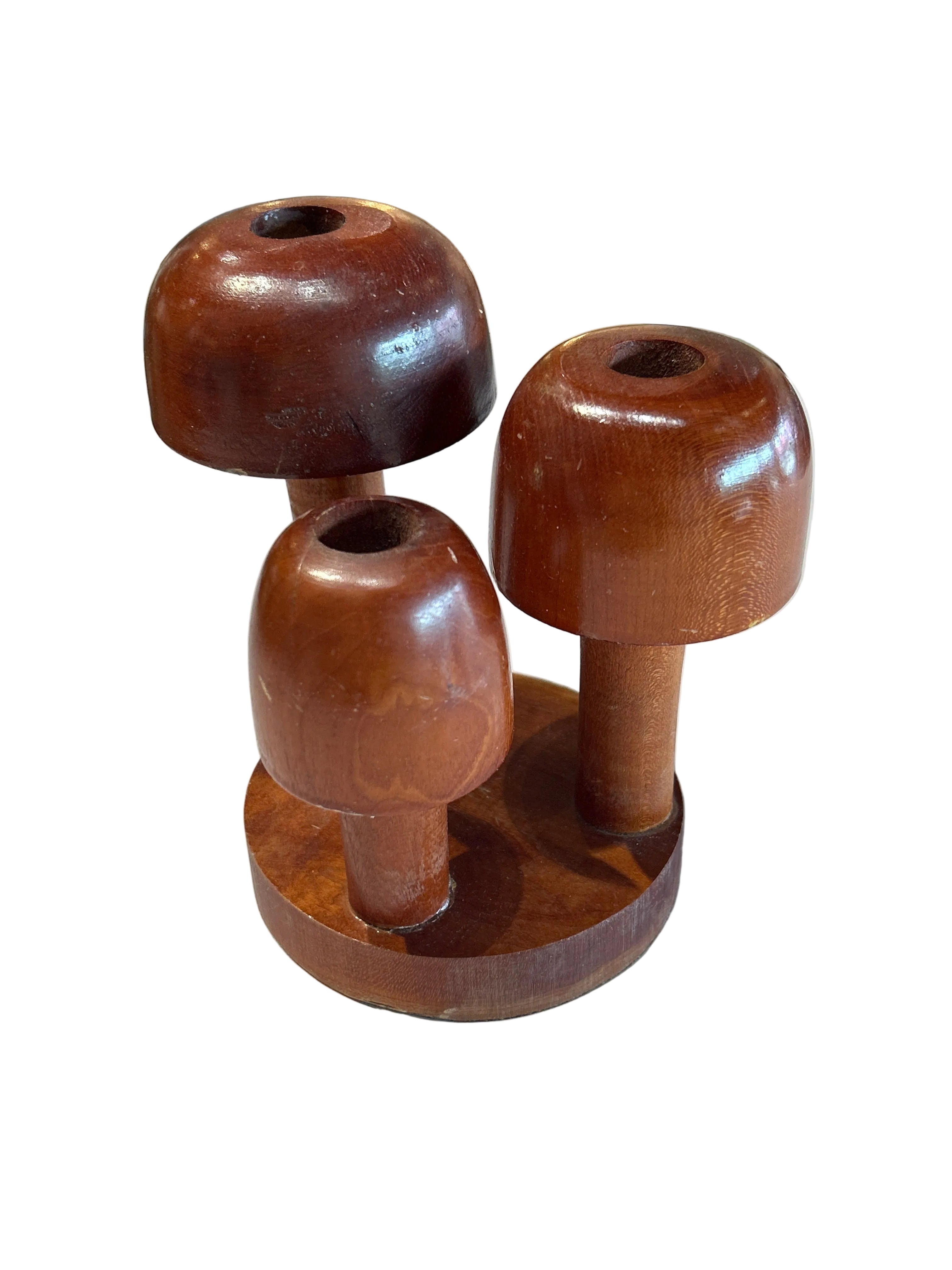 Vintage wooden mushroom candleholder set
