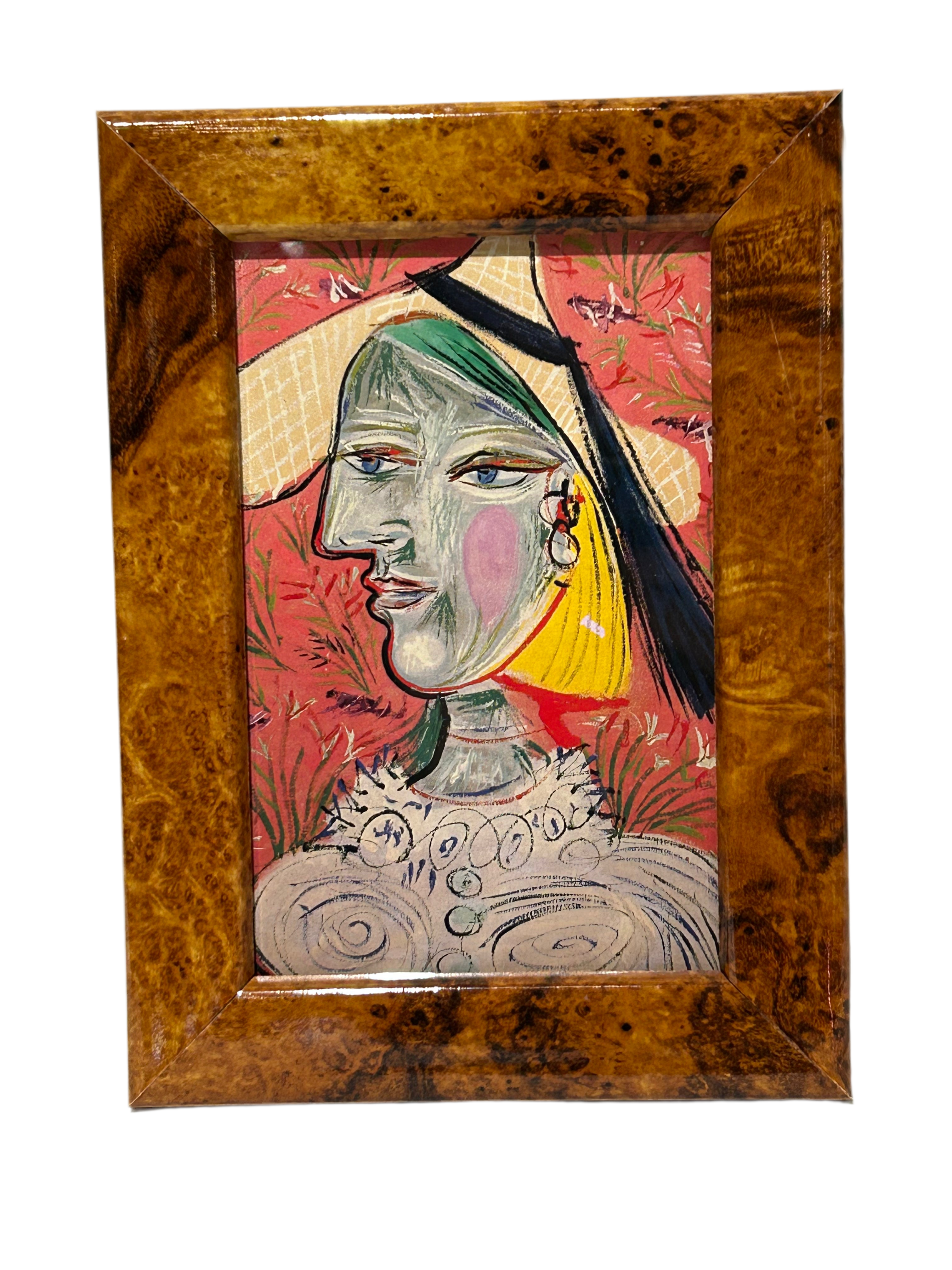 Vintage burl wood frame with Woman with a Straw Hat Picasso print