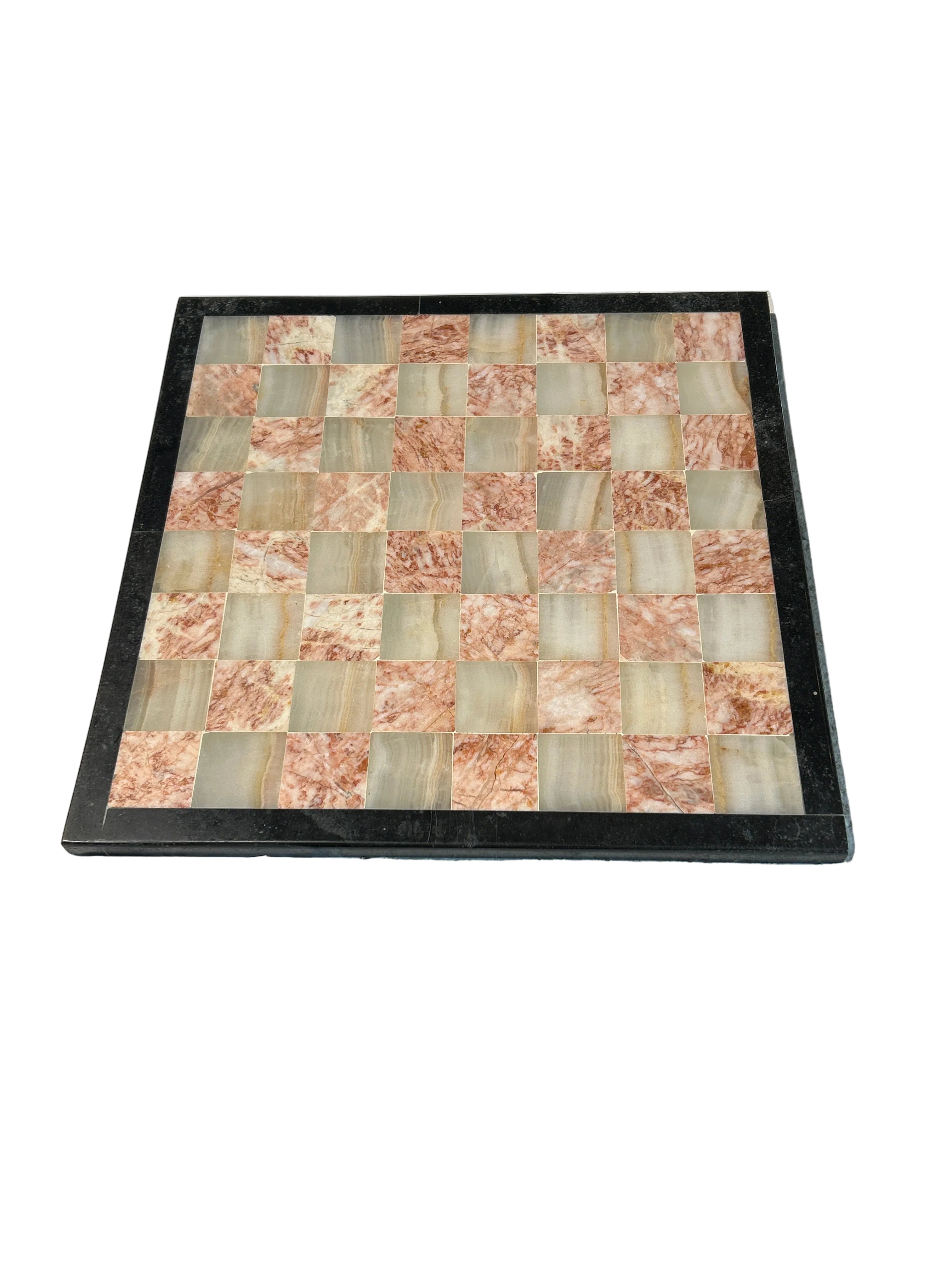 Vintage pink and white marble chess set with black rim