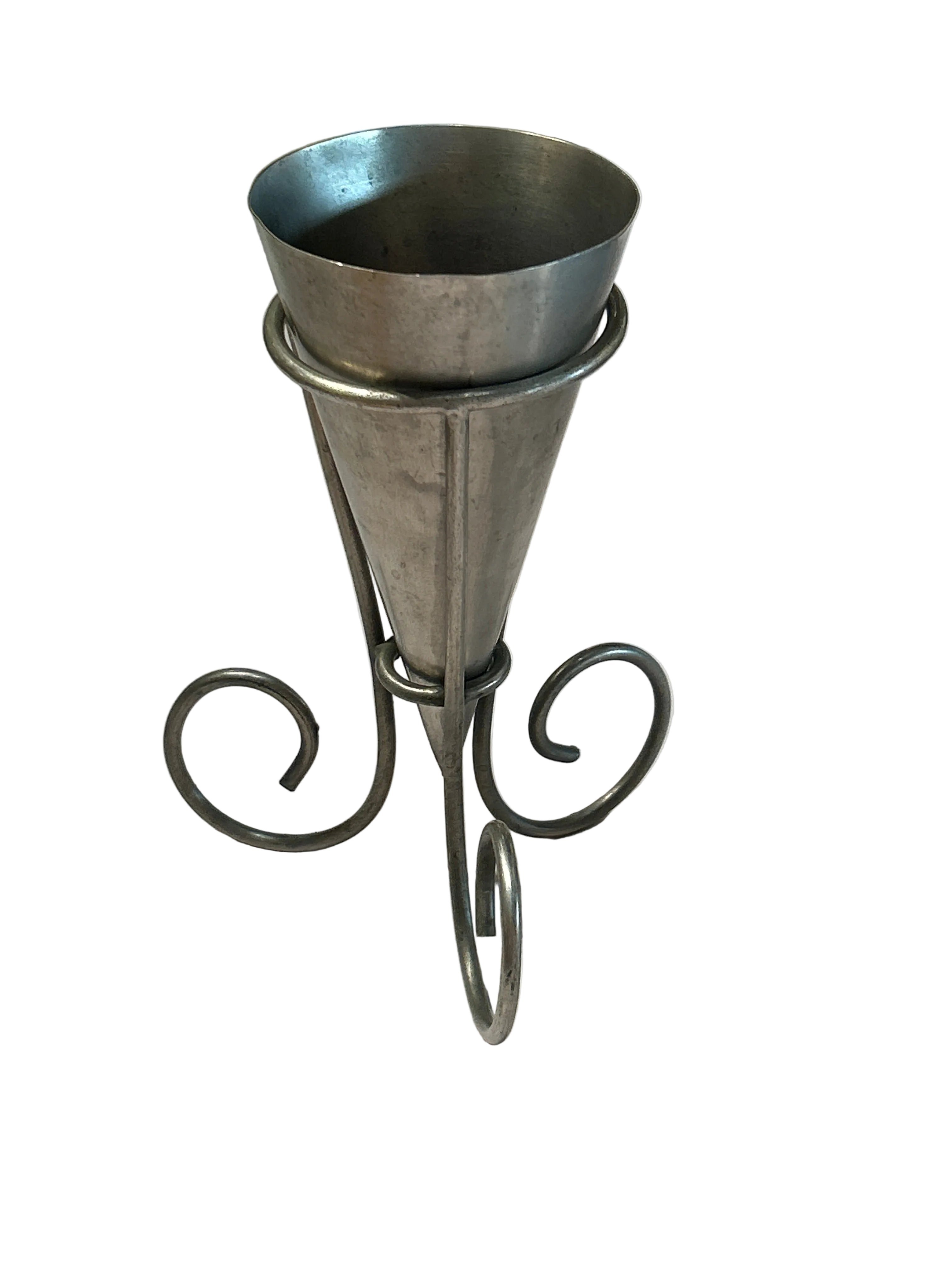 Vintage conical metal vase with stand