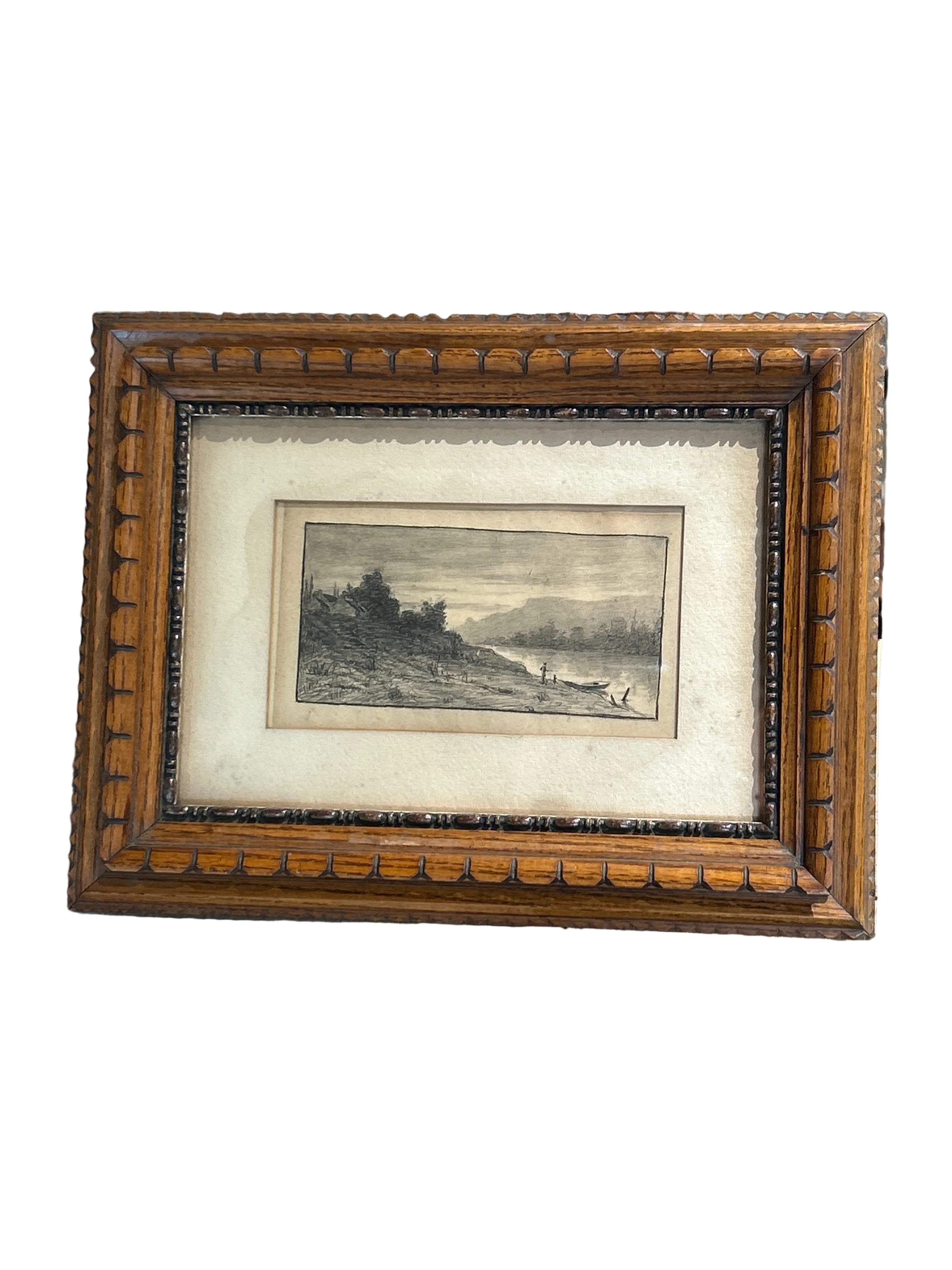Vintage etching of river landscape