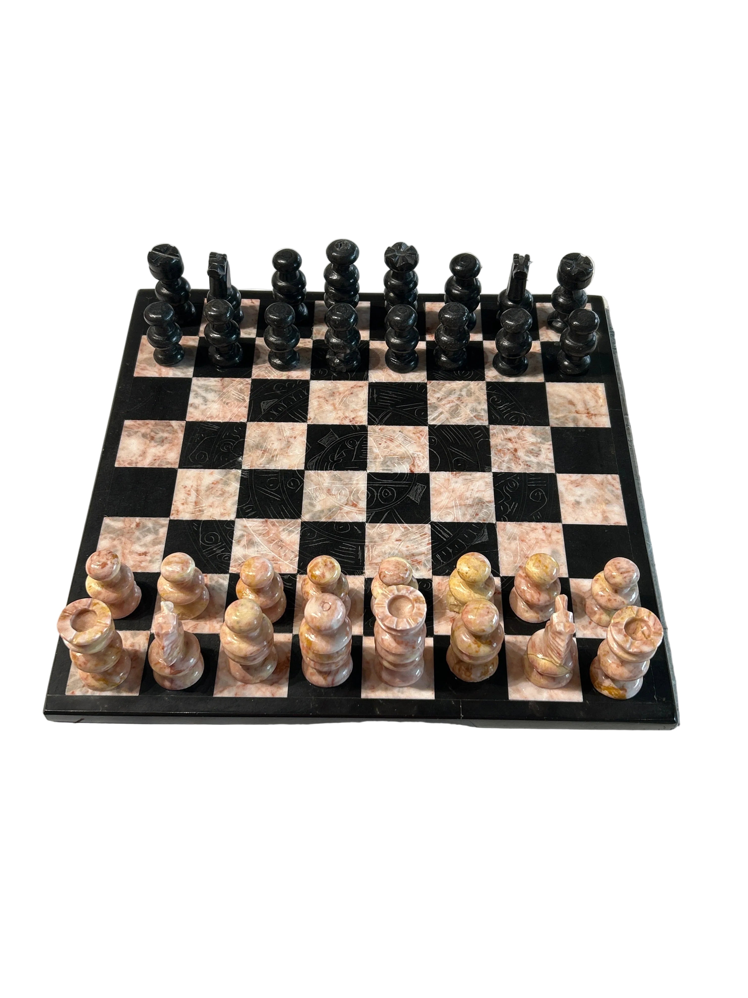 Vintage etched pink and black marble chess set