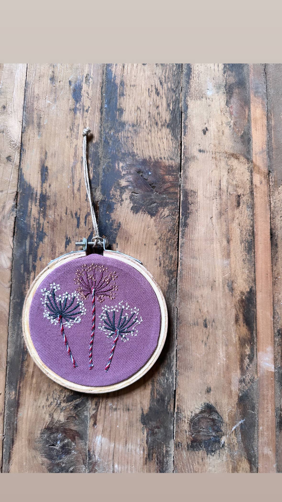 Handmade Embroidered Ornament: Posies on green linen