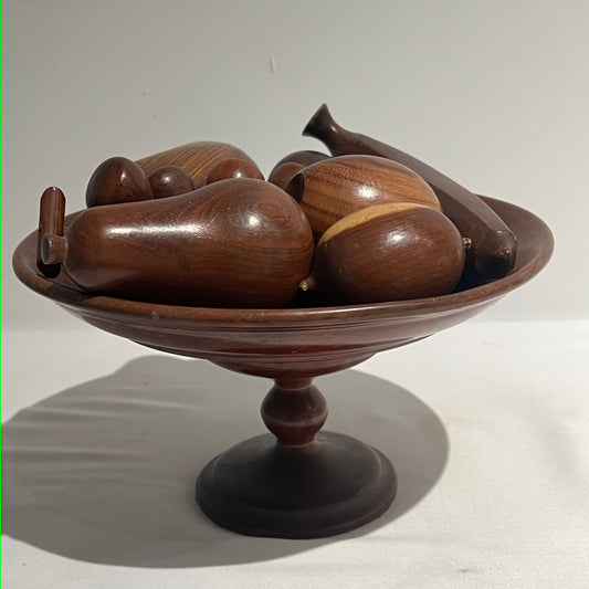 Vintage pedestal bowl with wooden fruit