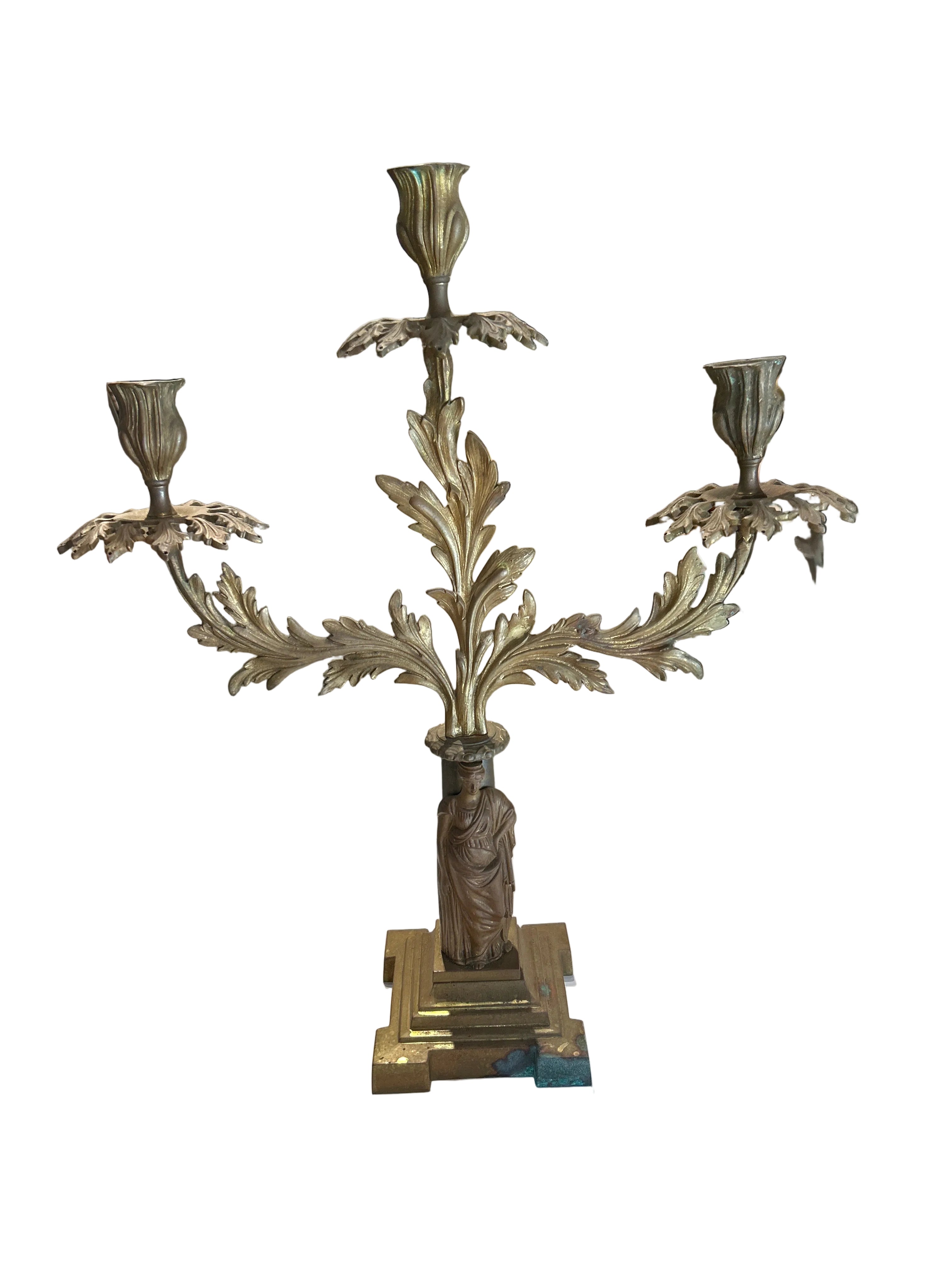 Vintage pair of European bronze leaf candelabras