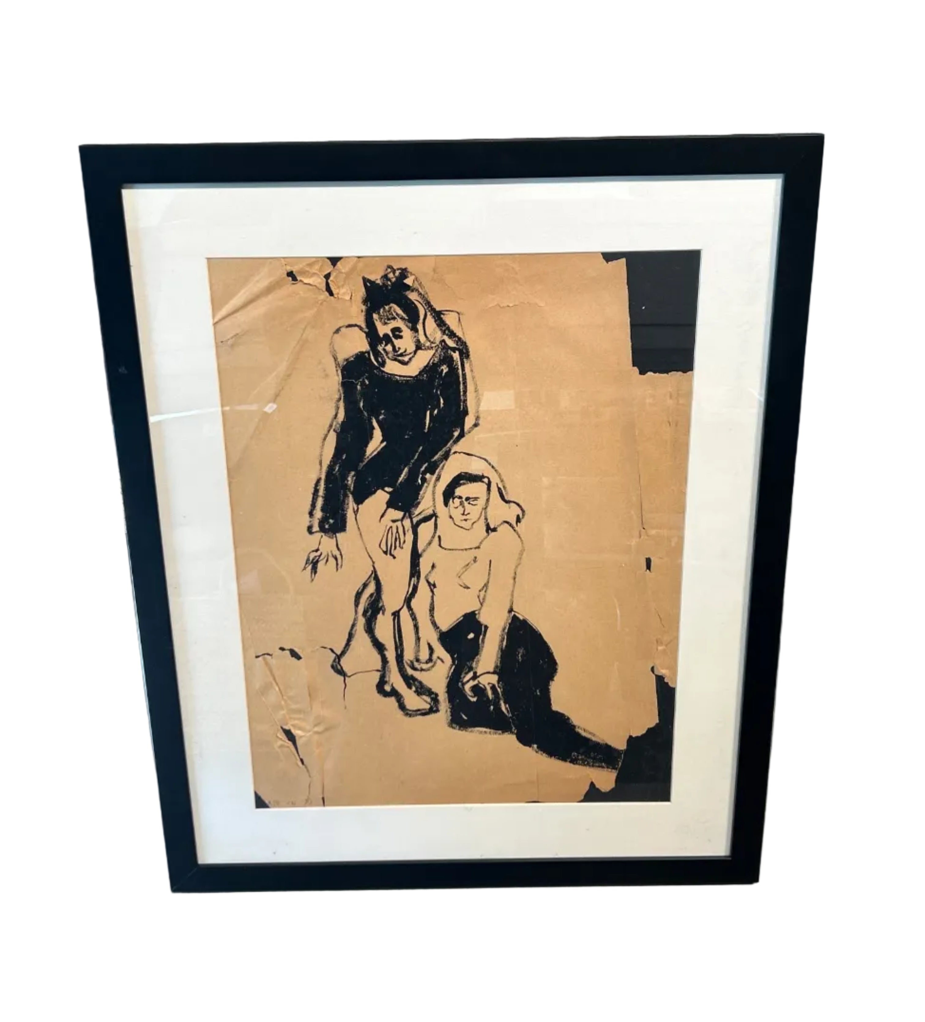 Vintage Charcoal of two posed female dancers