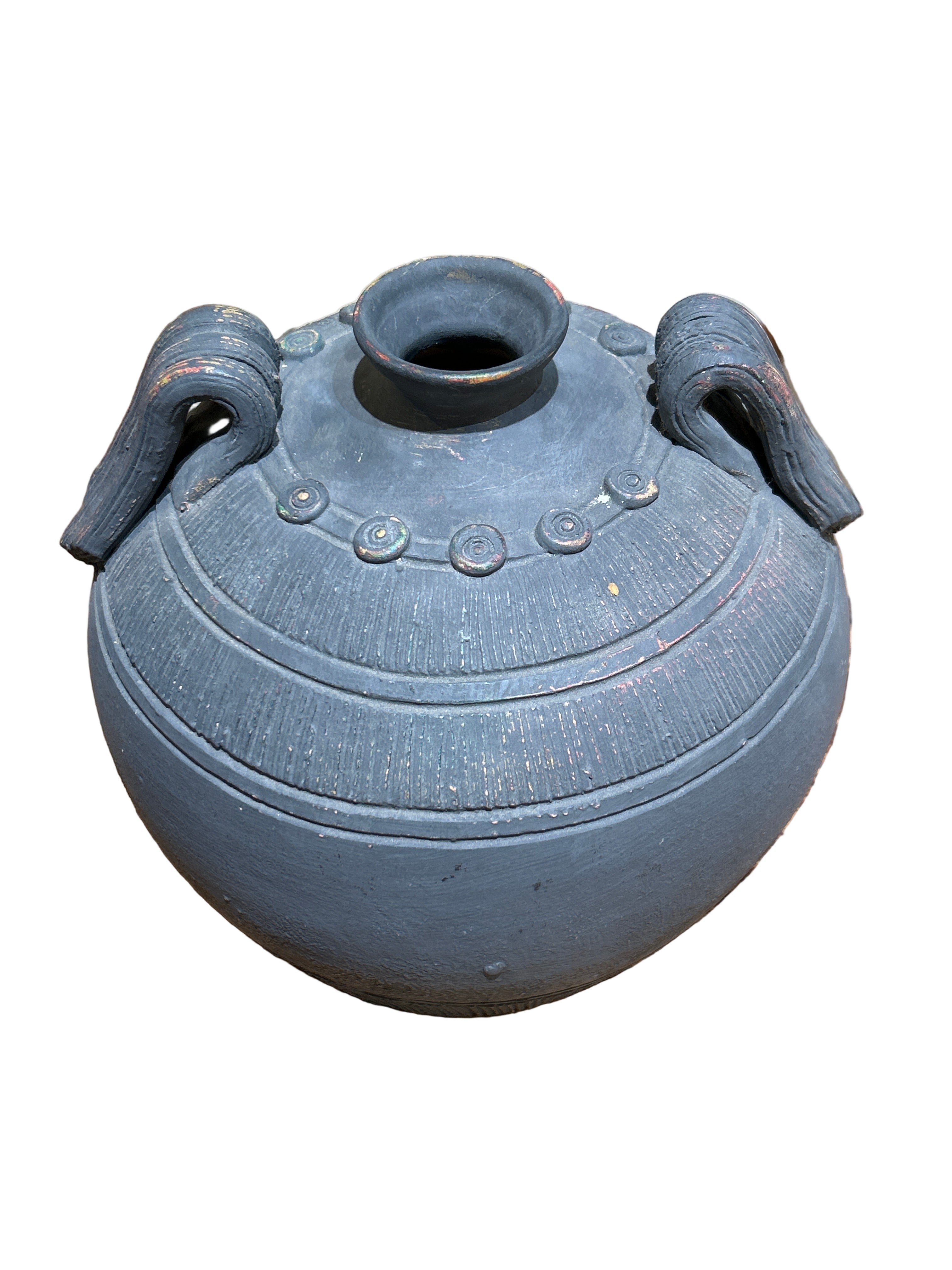 Vintage black clay pot with handles