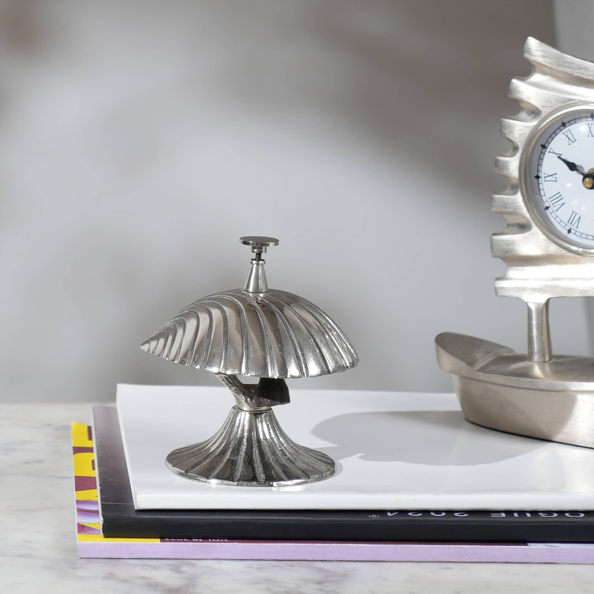 Desk Bell | Decorative Aluminum Desk Bell in Silver Color-4"