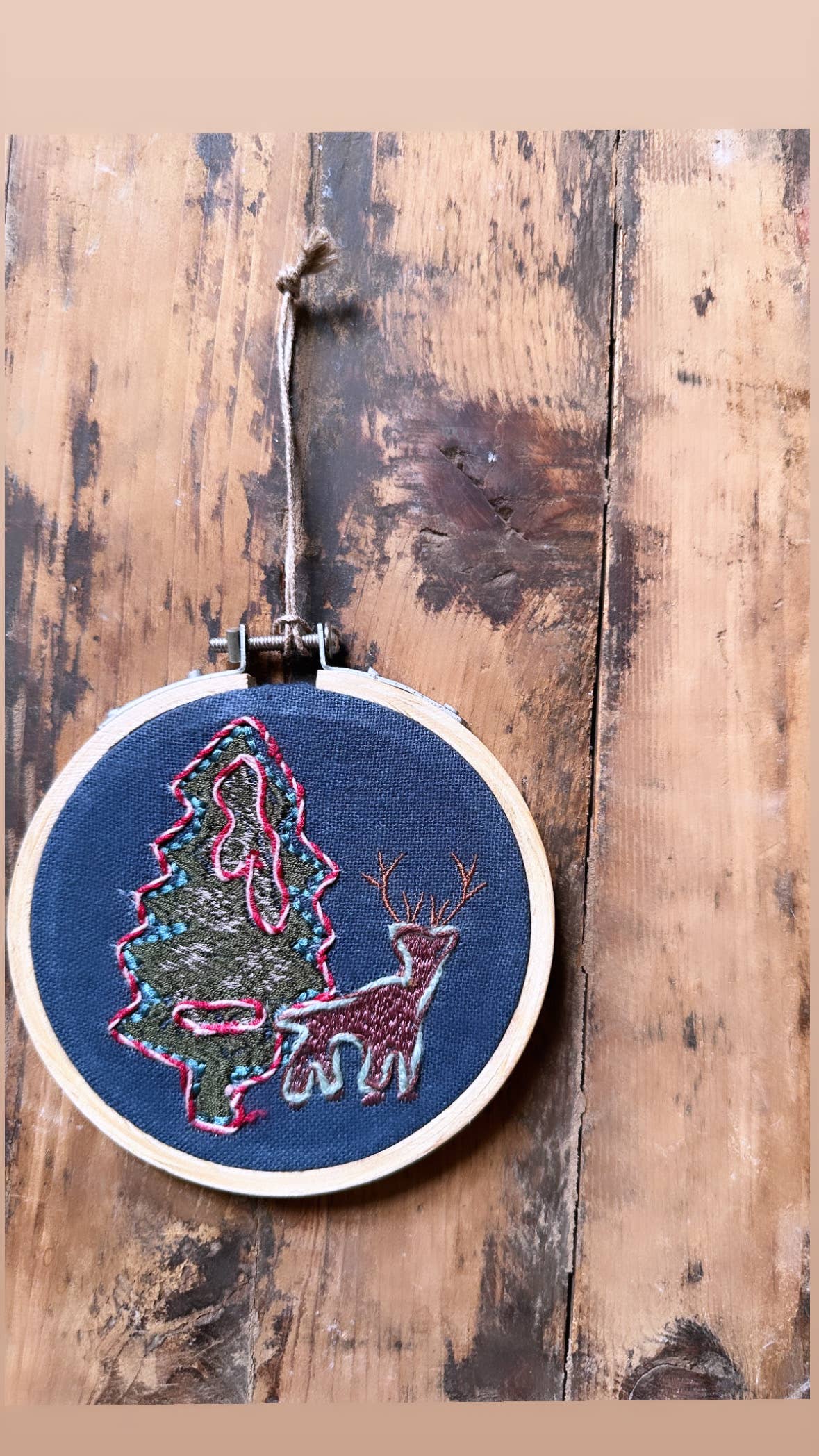 Handmade Embroidered Ornament: Tree & Reindeer on navy linen