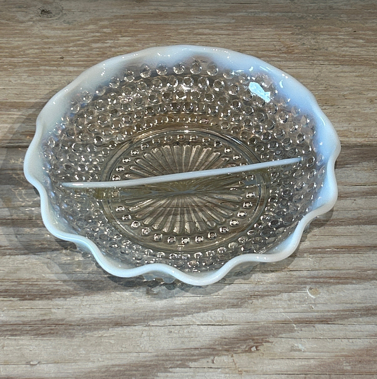 Vintage Fenton Moonstone glass hobnail dish