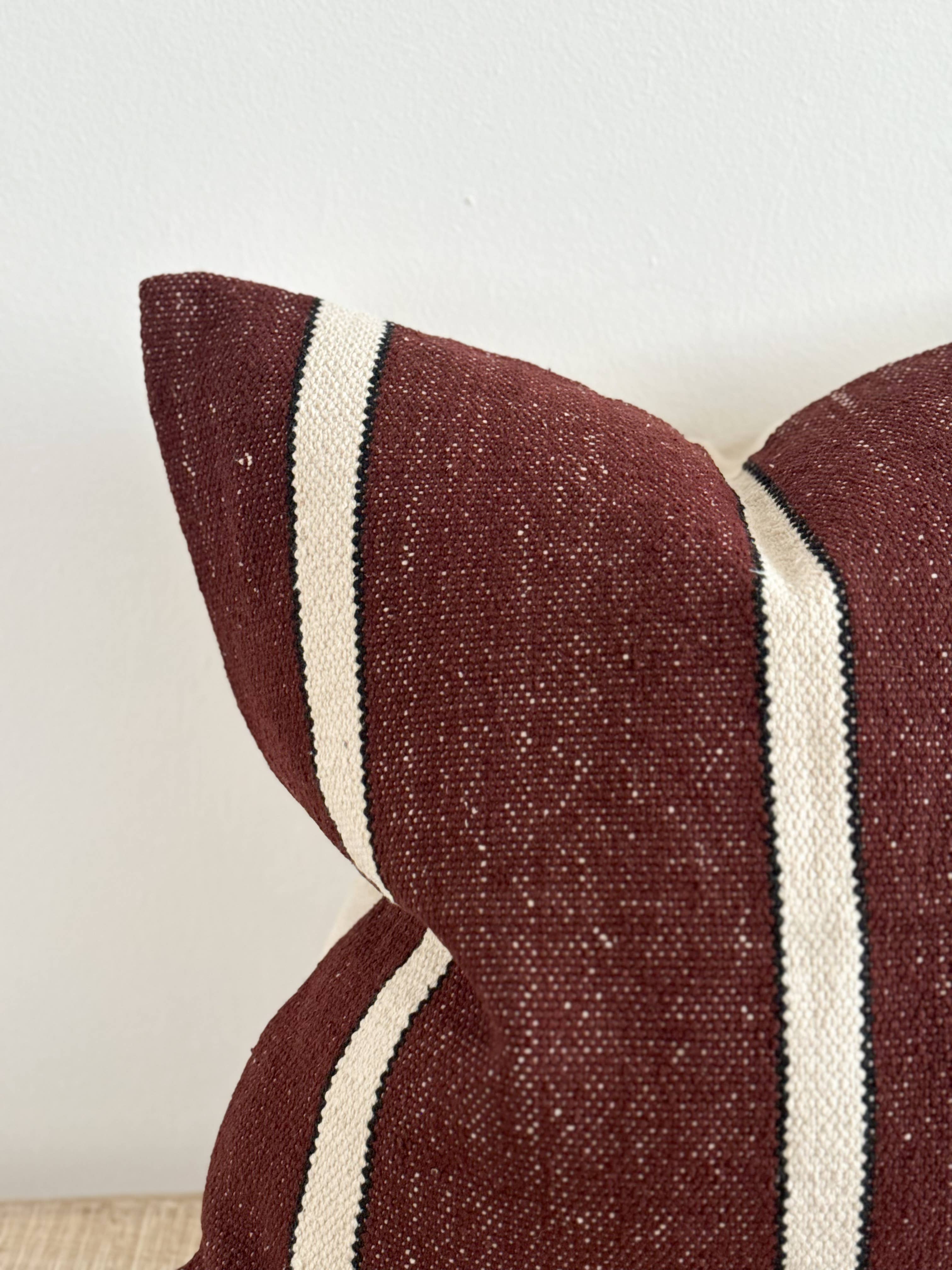 India Luxe Cotton Pillow 18 x 18 in - Plum, Black & Cream Stripe