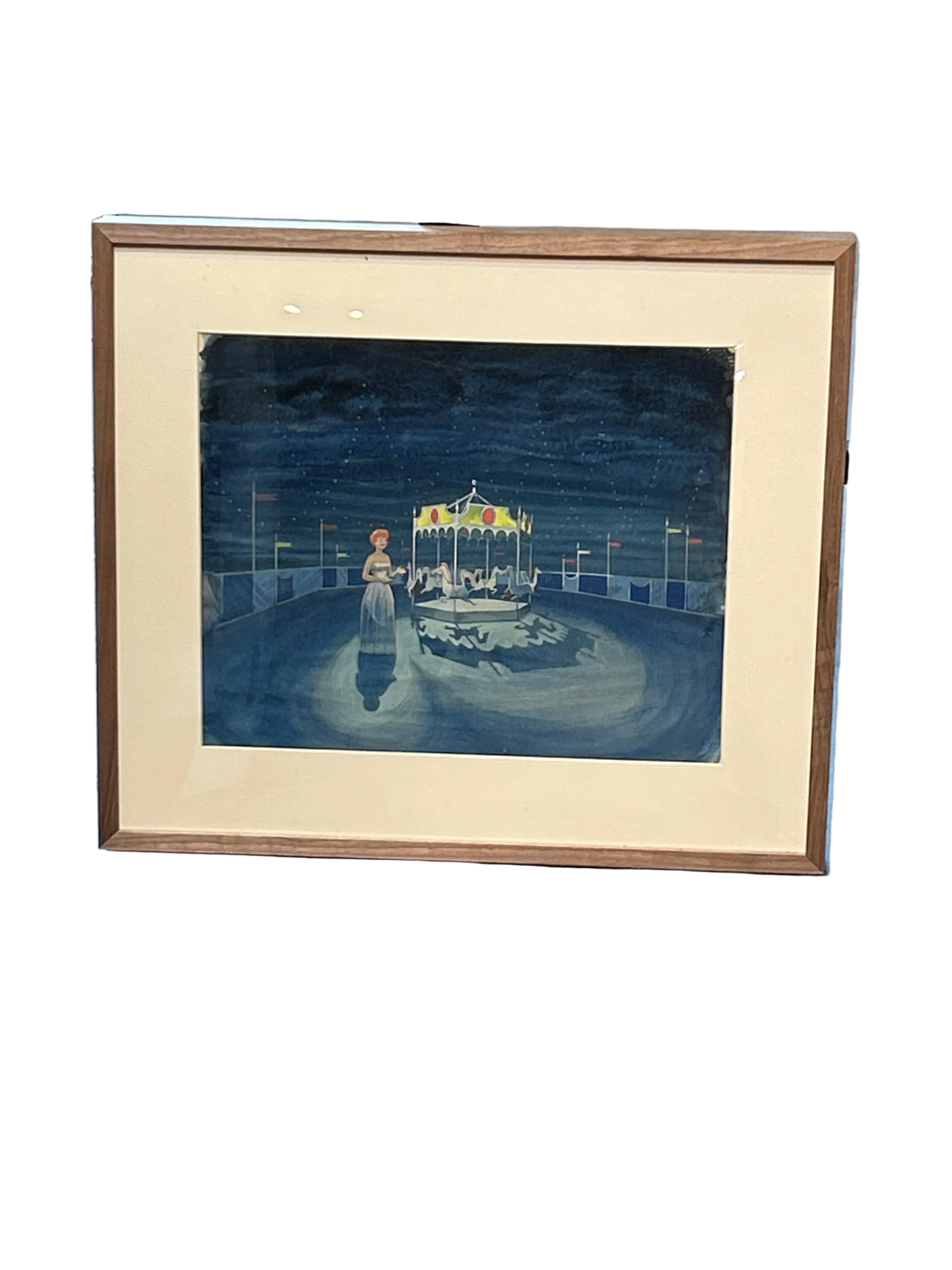 Vintage watercolor of carrousel & woman in spotlight scene