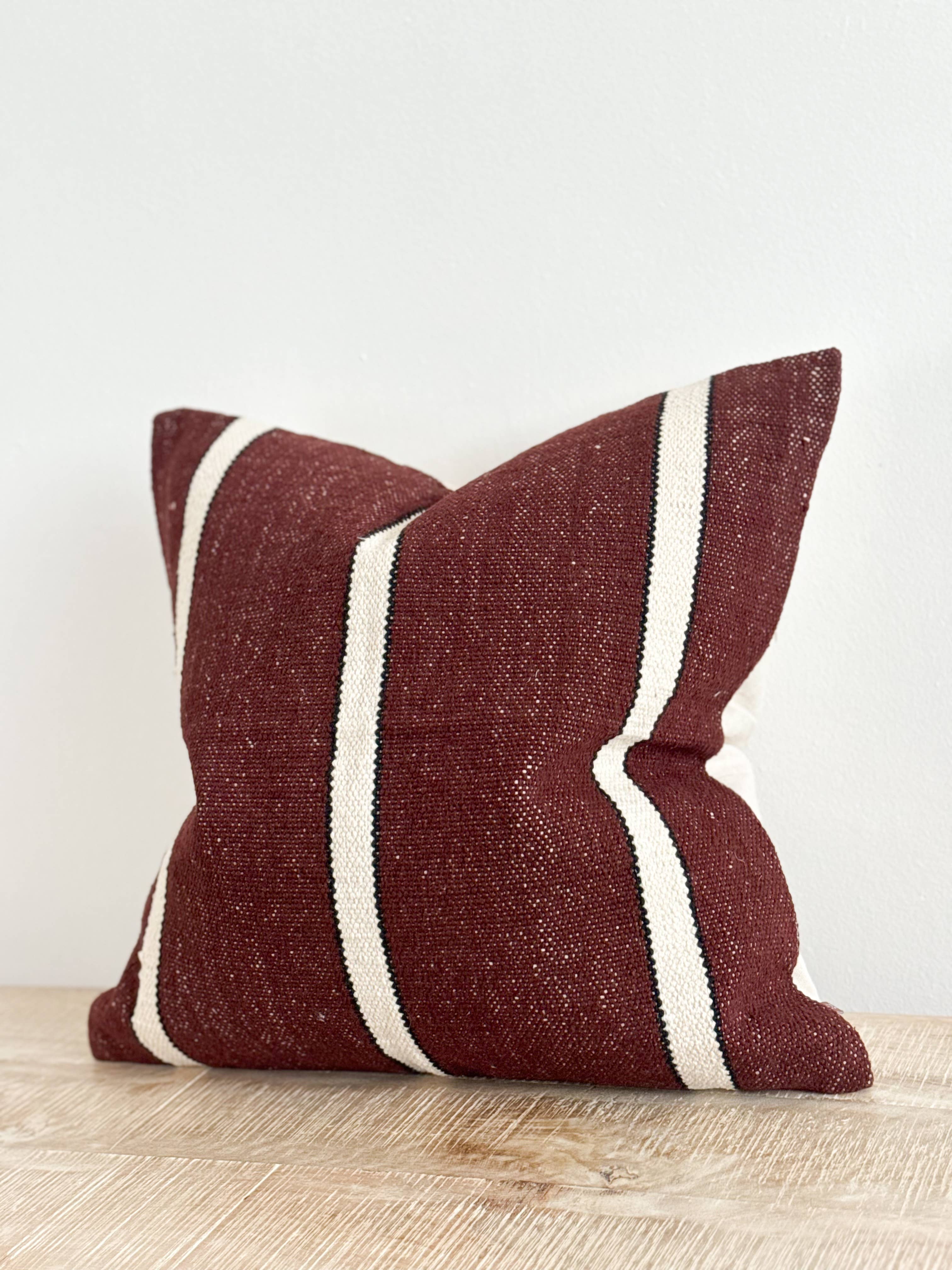 India Luxe Cotton Pillow 18 x 18 in - Plum, Black & Cream Stripe