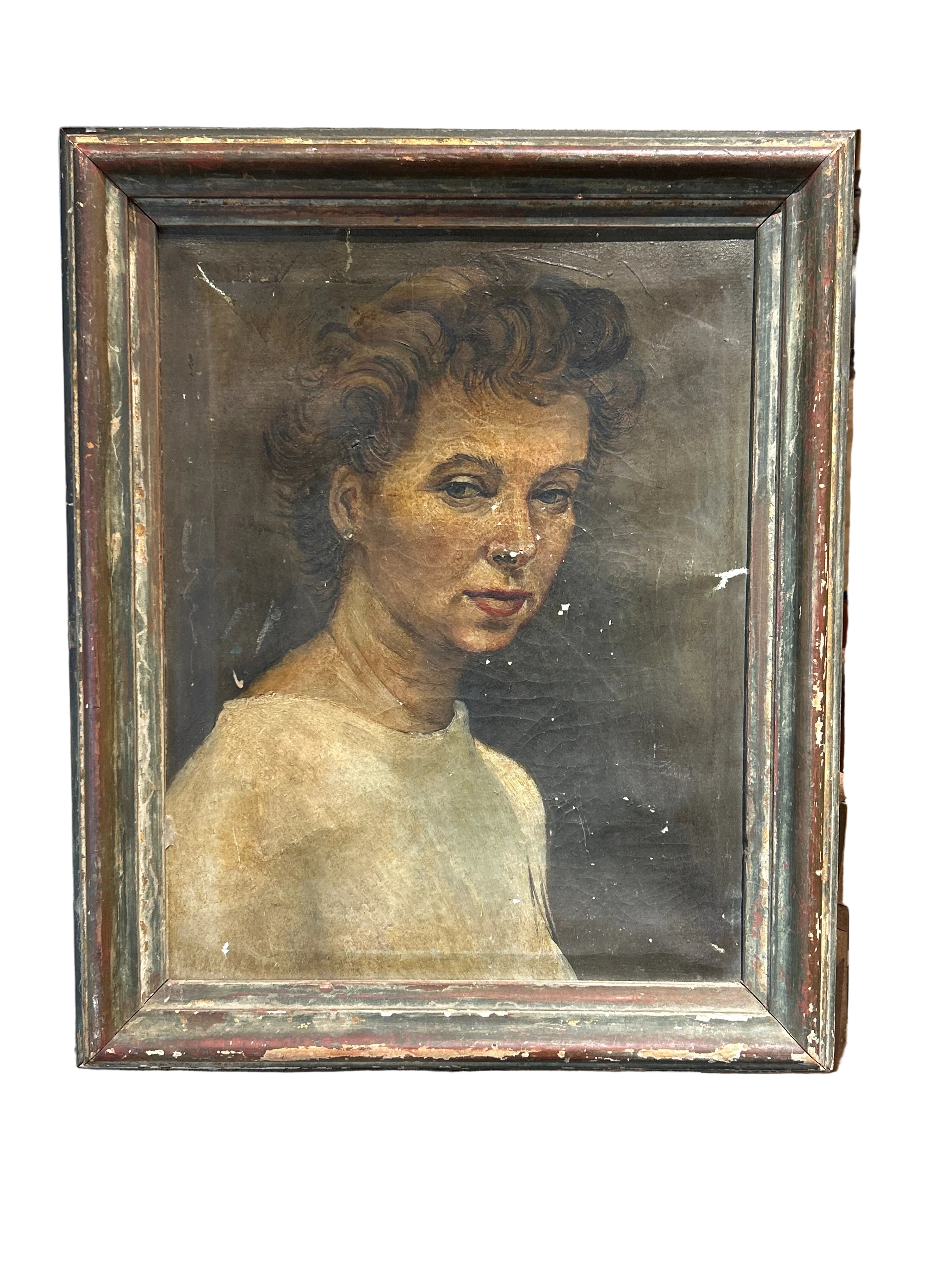 Vintage oil portrait of a woman in distressed frame
