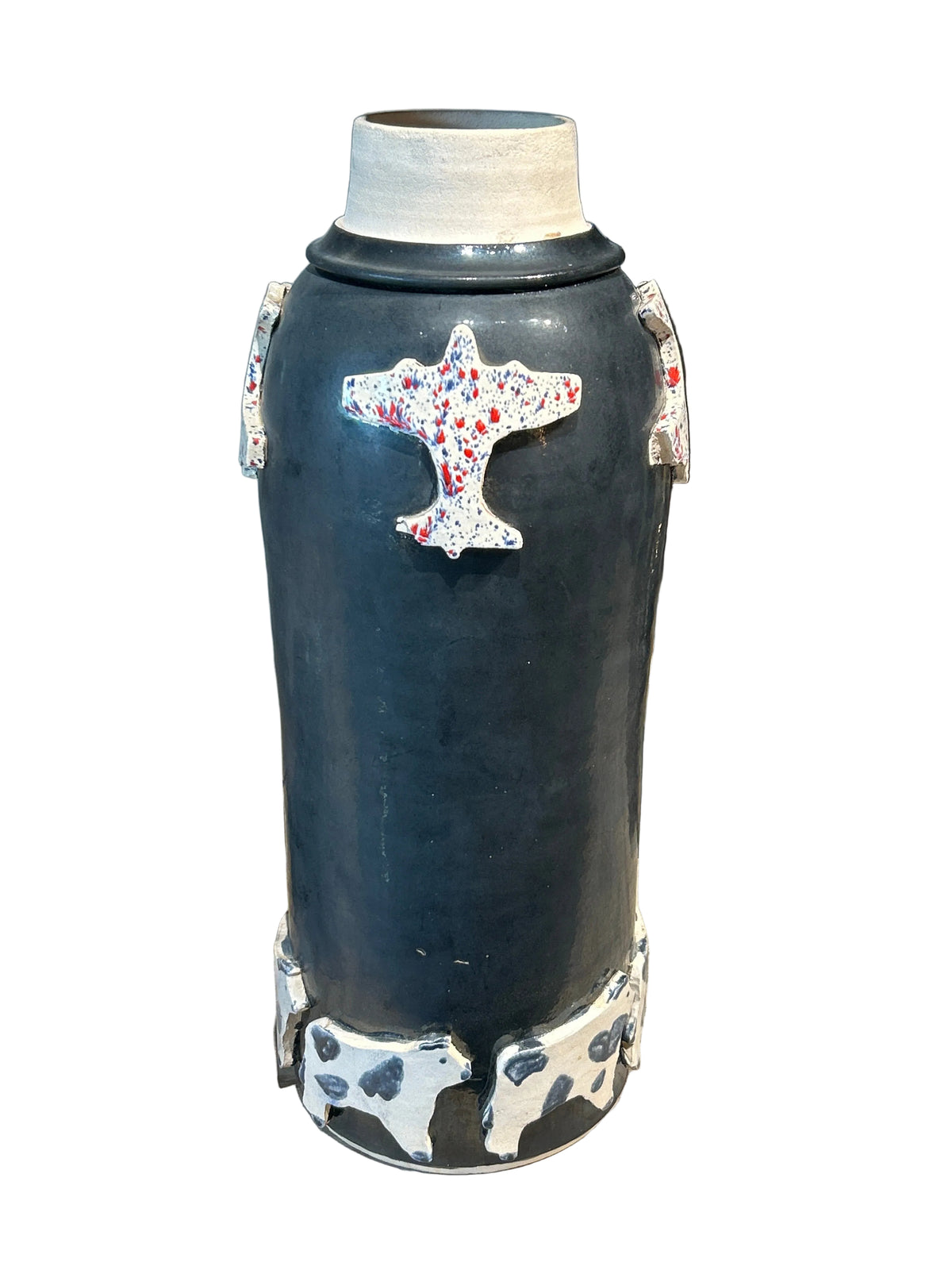Vintage handmade pottery vase w/ cow motifs signed