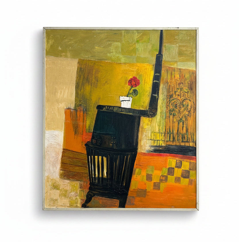 Oil painting of stove adorned with potted flower