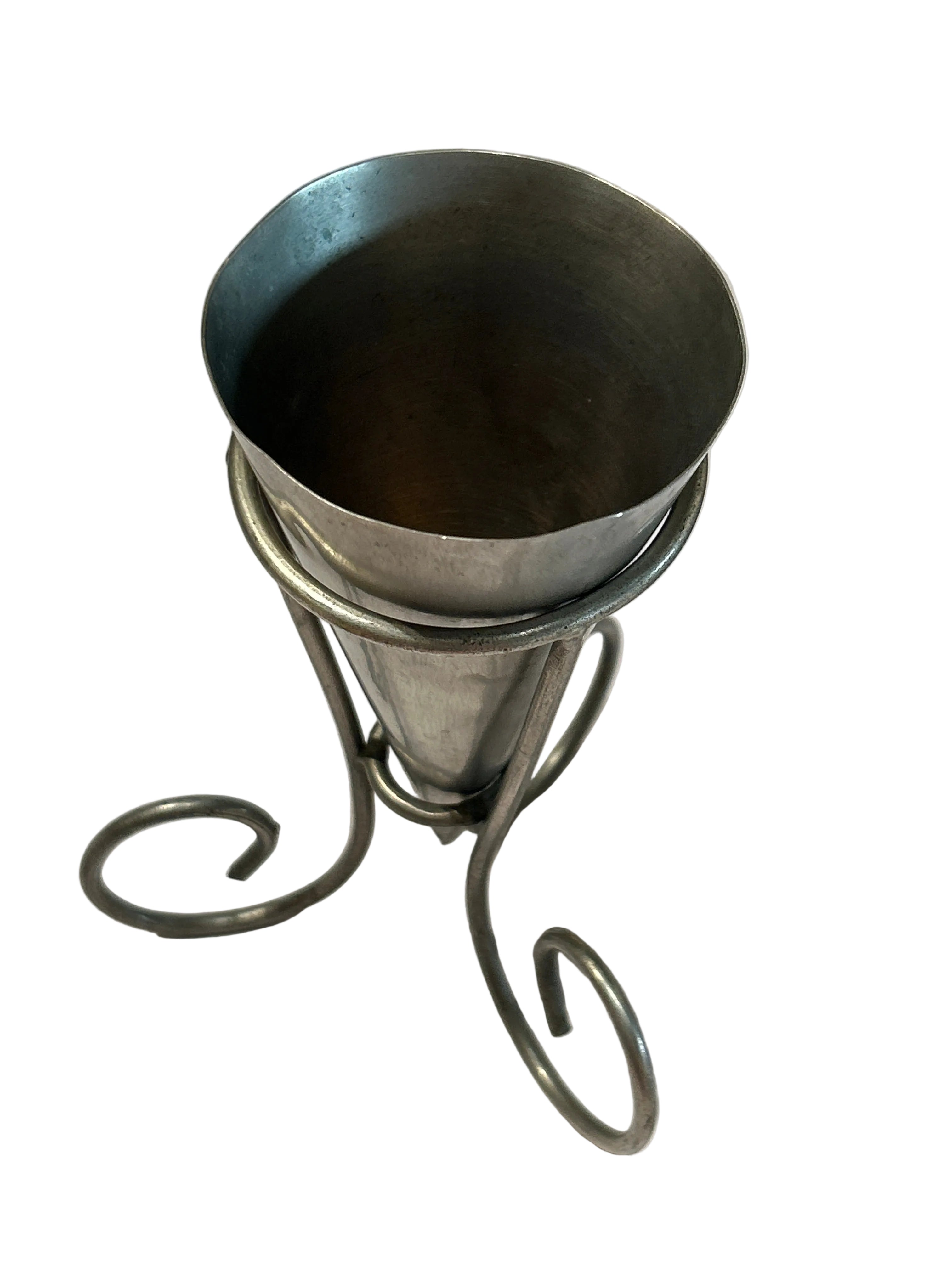 Vintage conical metal vase with stand
