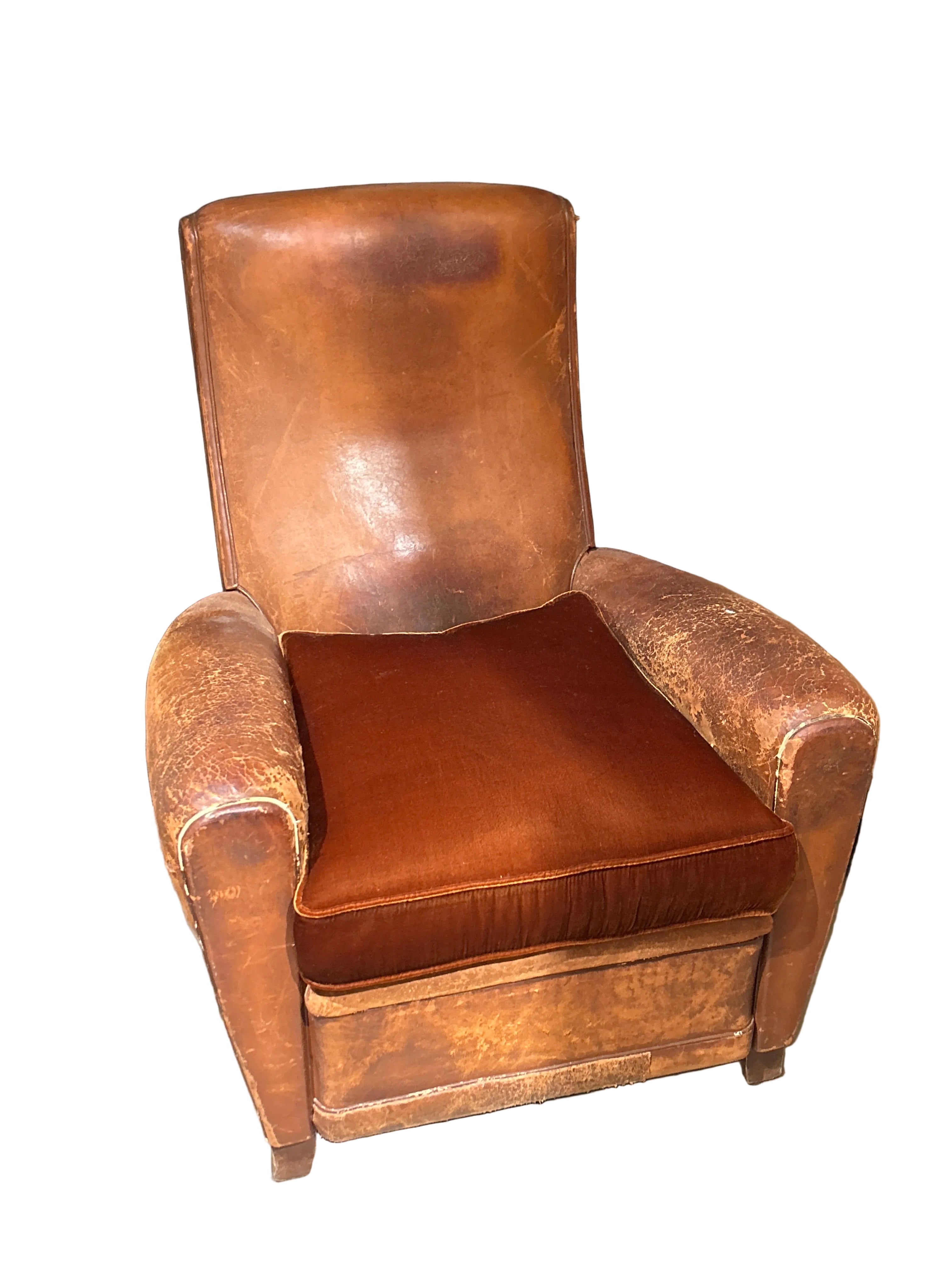 Vintage leather club chair with velvet seat