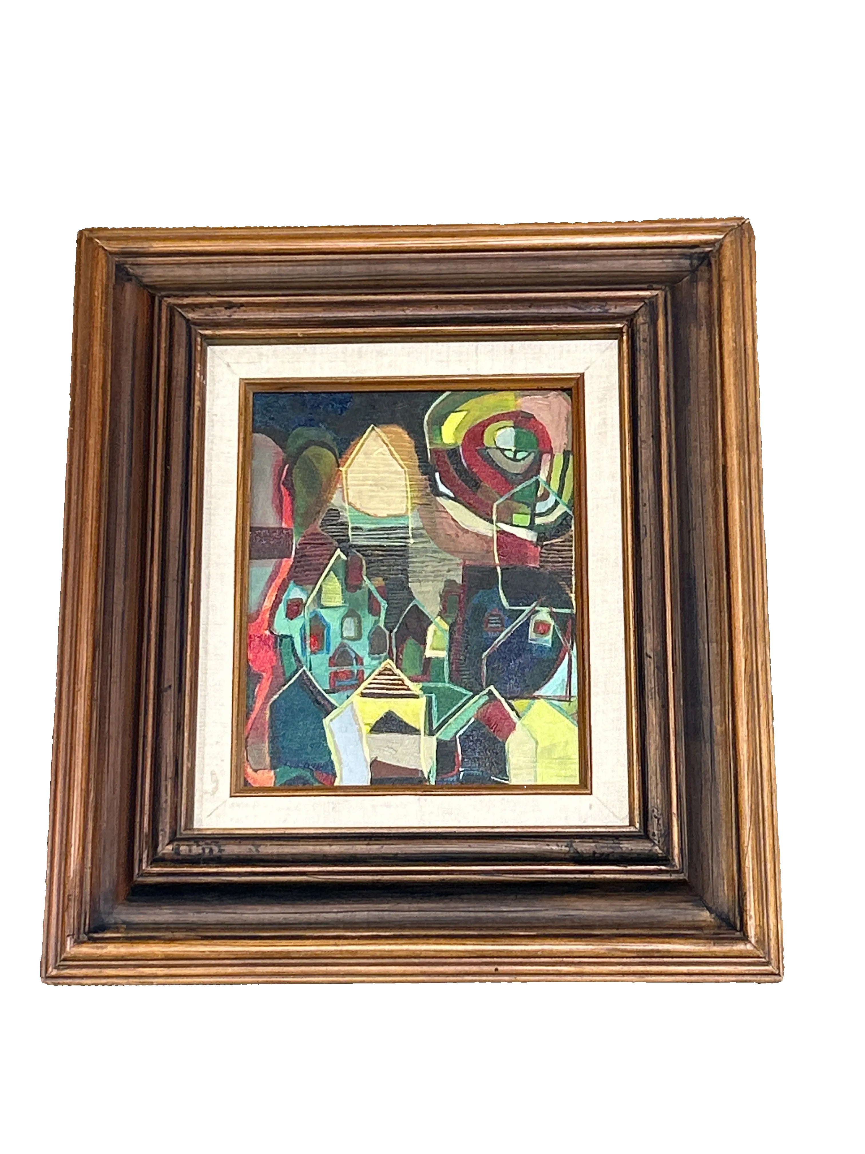 Vintage geometric landscape painting in wood frame