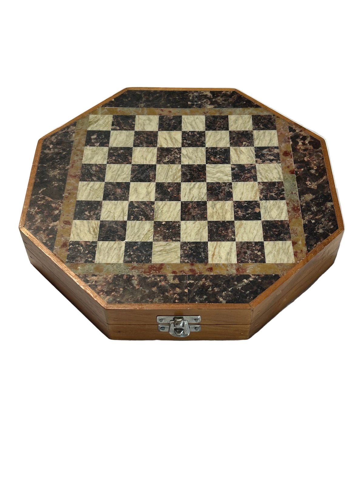 Vintage octagonal wood and stone inlaid chess set