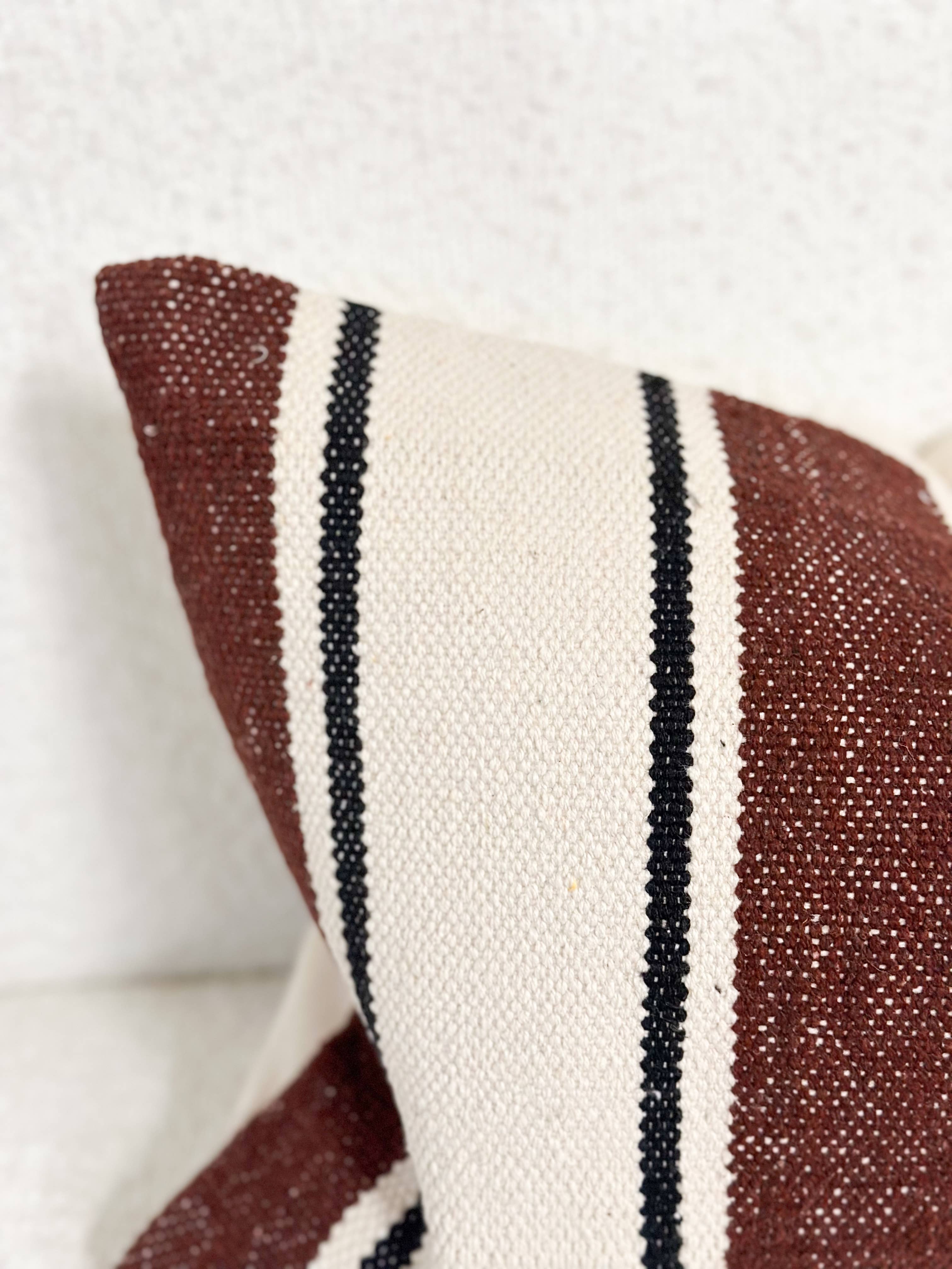 India Luxe Cotton Pillow 20 x 12 in - Plum, Cream & Black Stripe