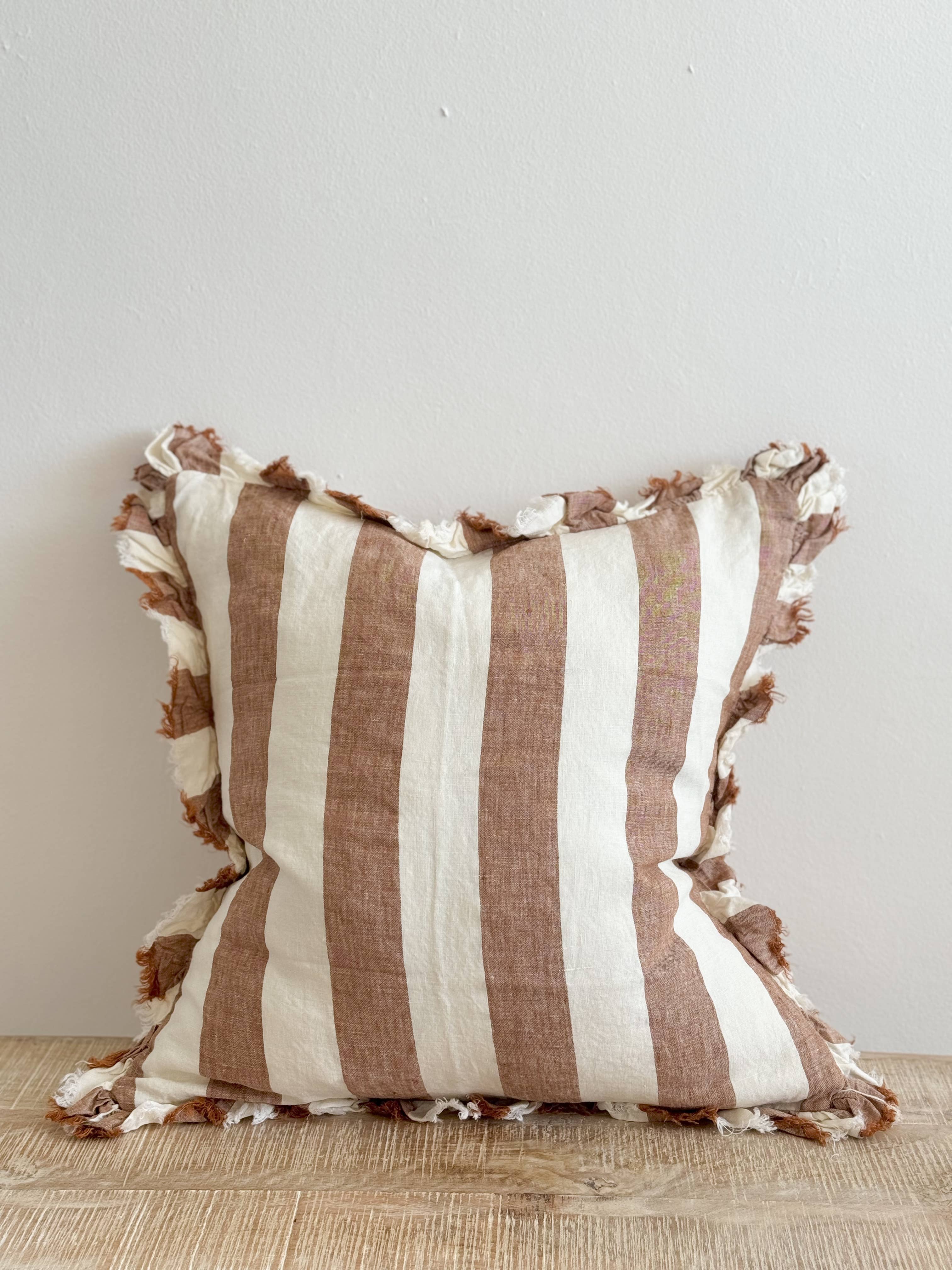 Hallie Ruffled Linen Pillow 18 x 18 in Wide Rust Stripe