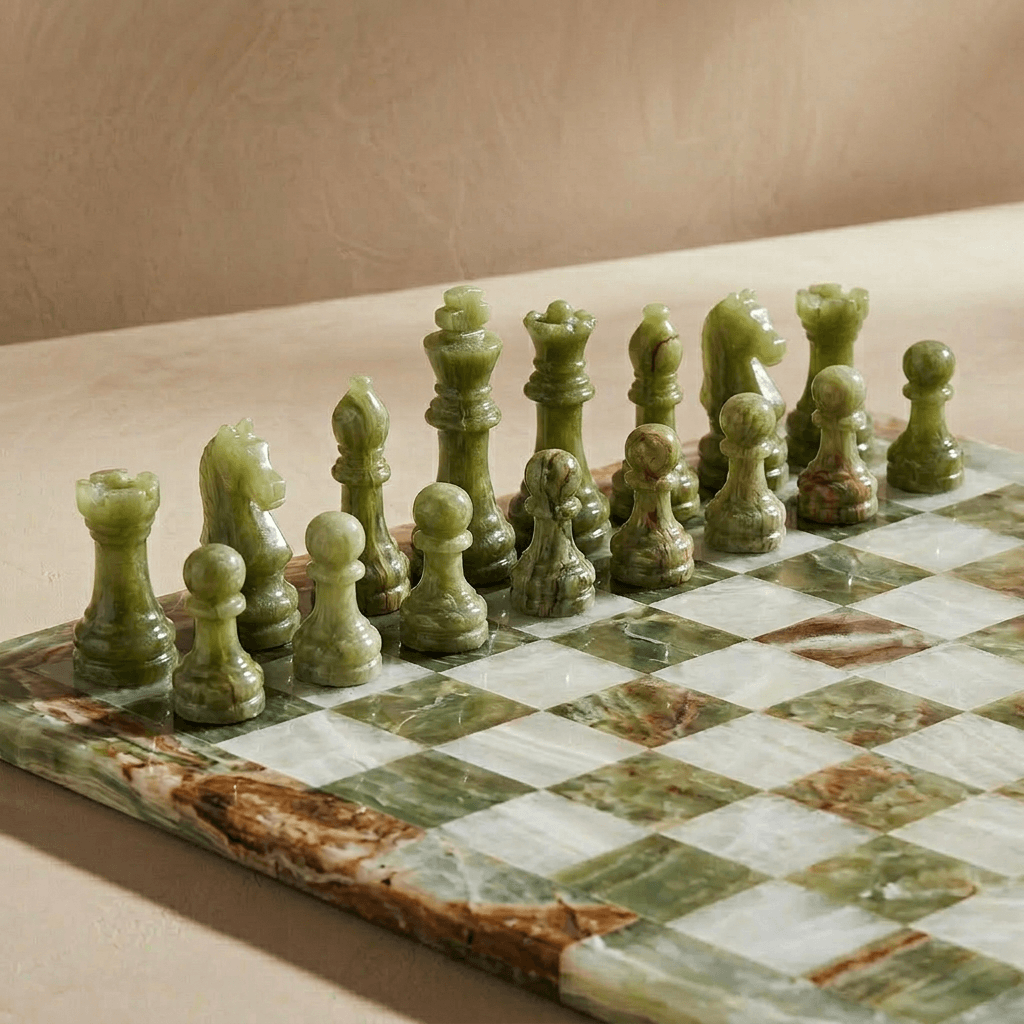 Marble Chess Set with Storage Case - Green Onyx and White: 13 inch