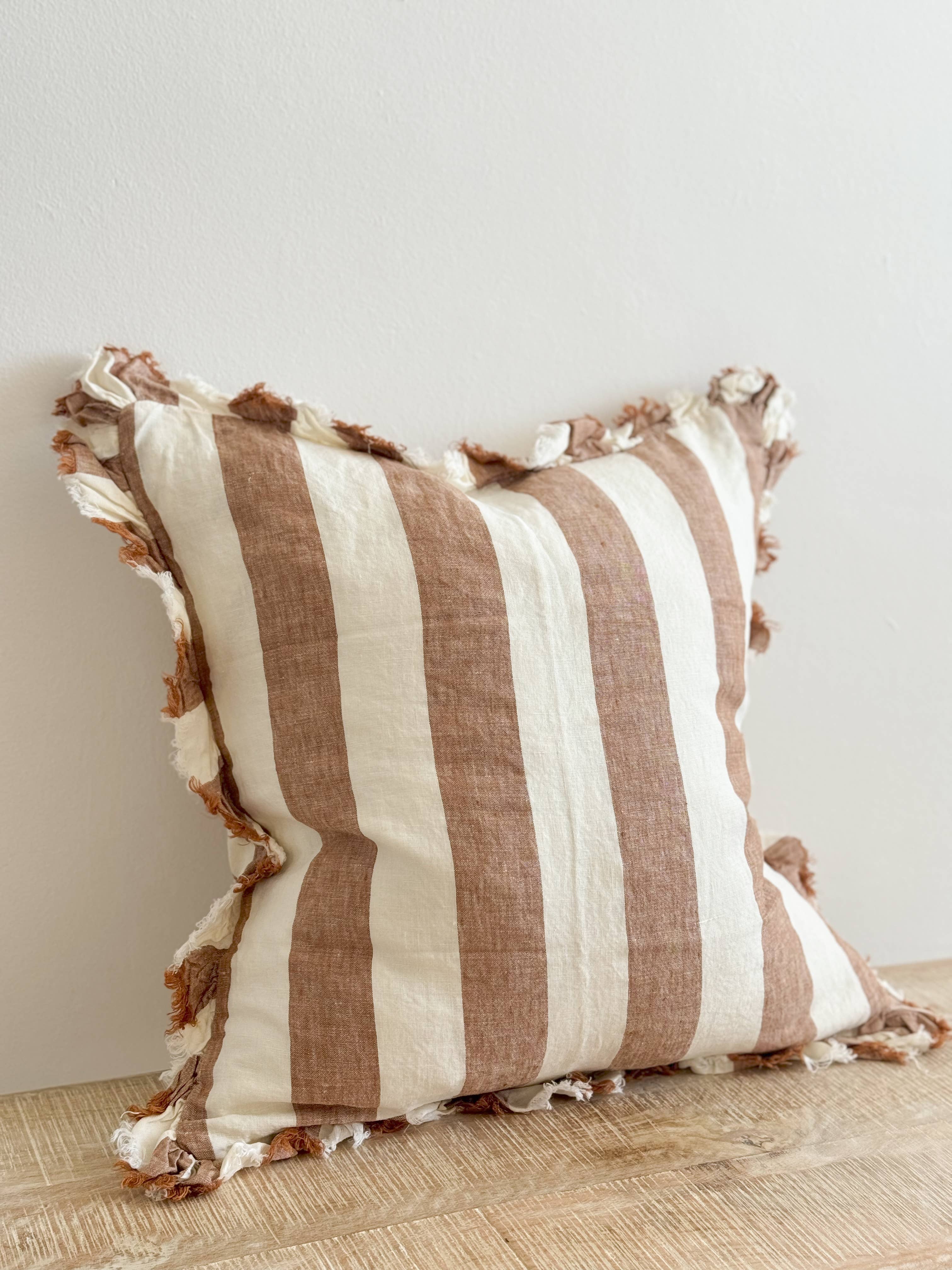 Hallie Ruffled Linen Pillow 18 x 18 in Wide Rust Stripe